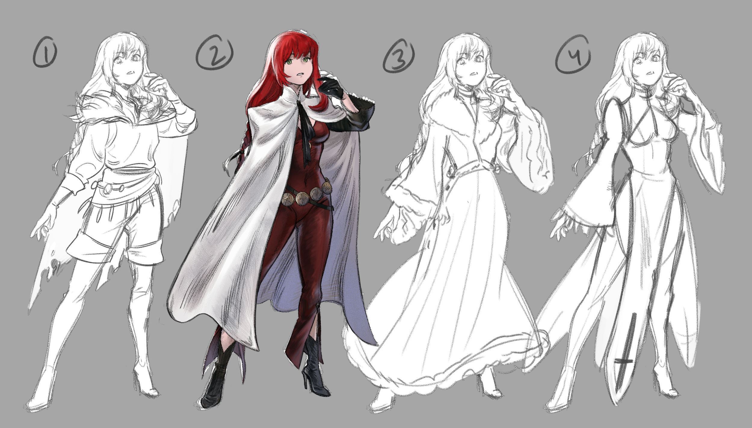 The notes for Devola also apply here. Popola's main outfit deviation is that her cloak is tied; when her arm is down, her body would be totally covered, visibly closing her off. Her stern expression sets her apart from prior polite iterations, sugges