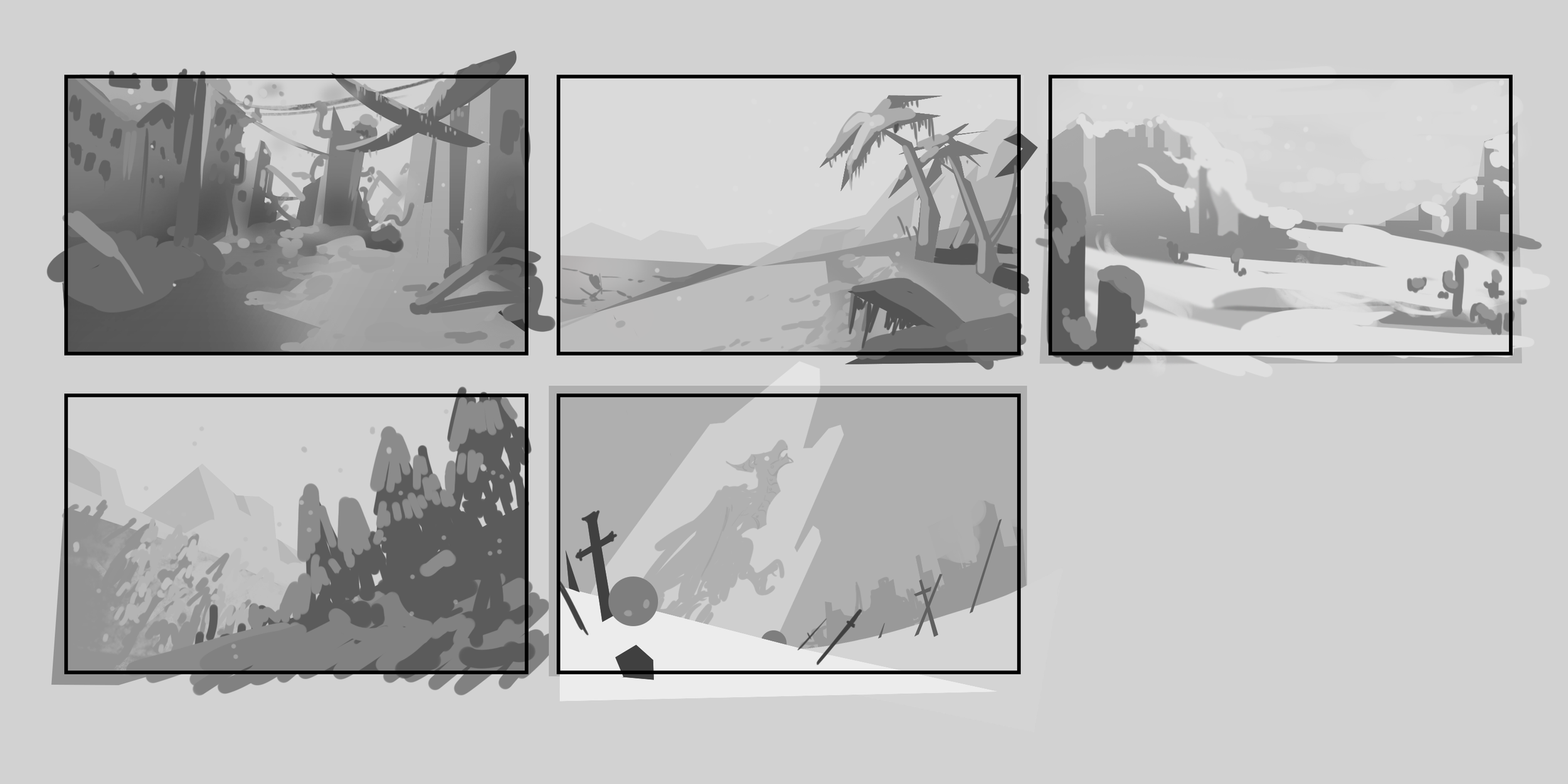 Setting exploration. These are various North American landscapes altered to be frozen over, the idea being eternal night would have brought about another ice age. The last scene is a battlefield with a machine dragon sealed in ice, which is a nod to