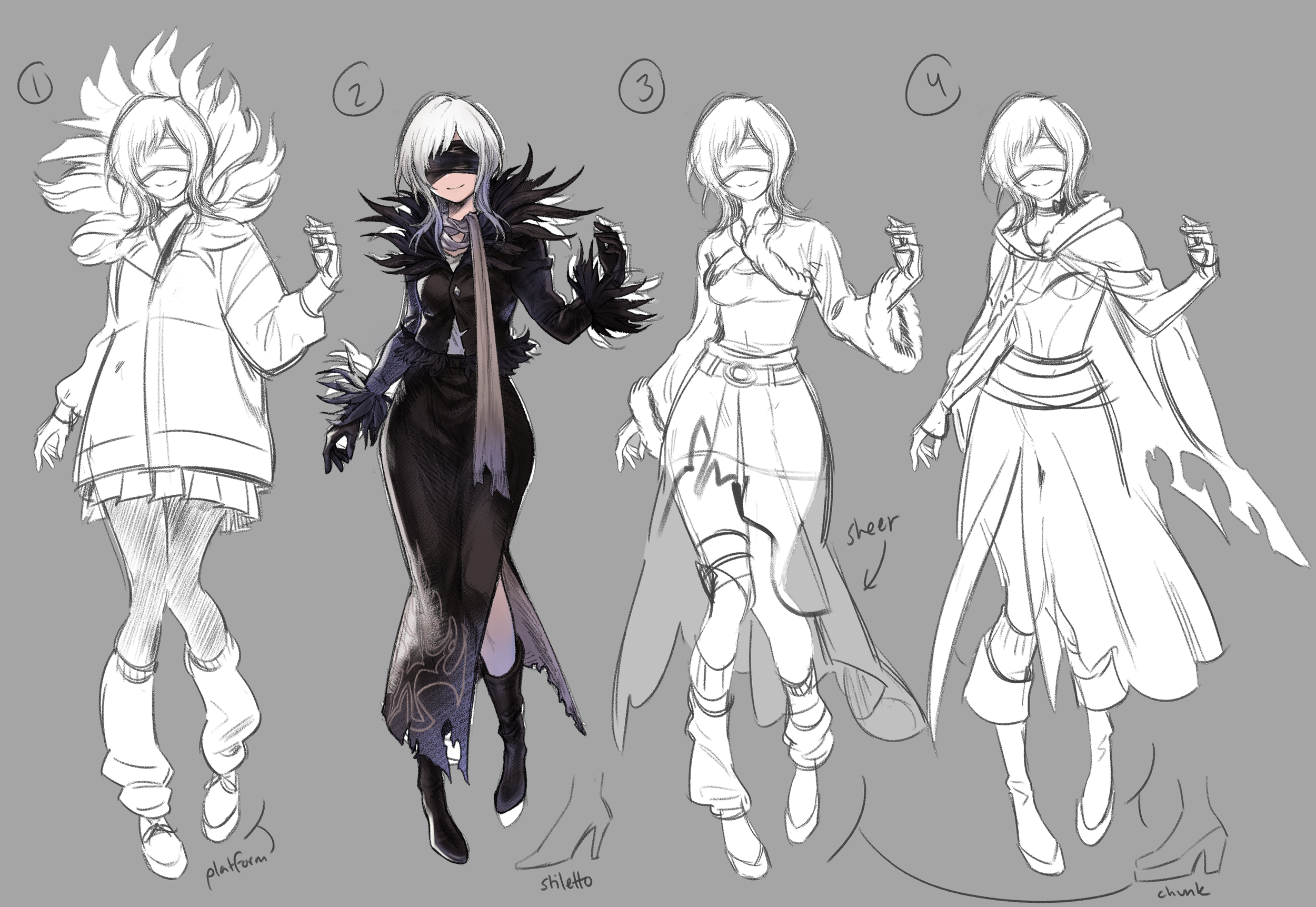 10H's outfit borrows elements of early 2000s fashion to reference her interest in the long-extinct human race. I wanted to imply she absorbed a lot of data on the fashion leading up to when humanity fell and deliberately emulated it. It also looks ve