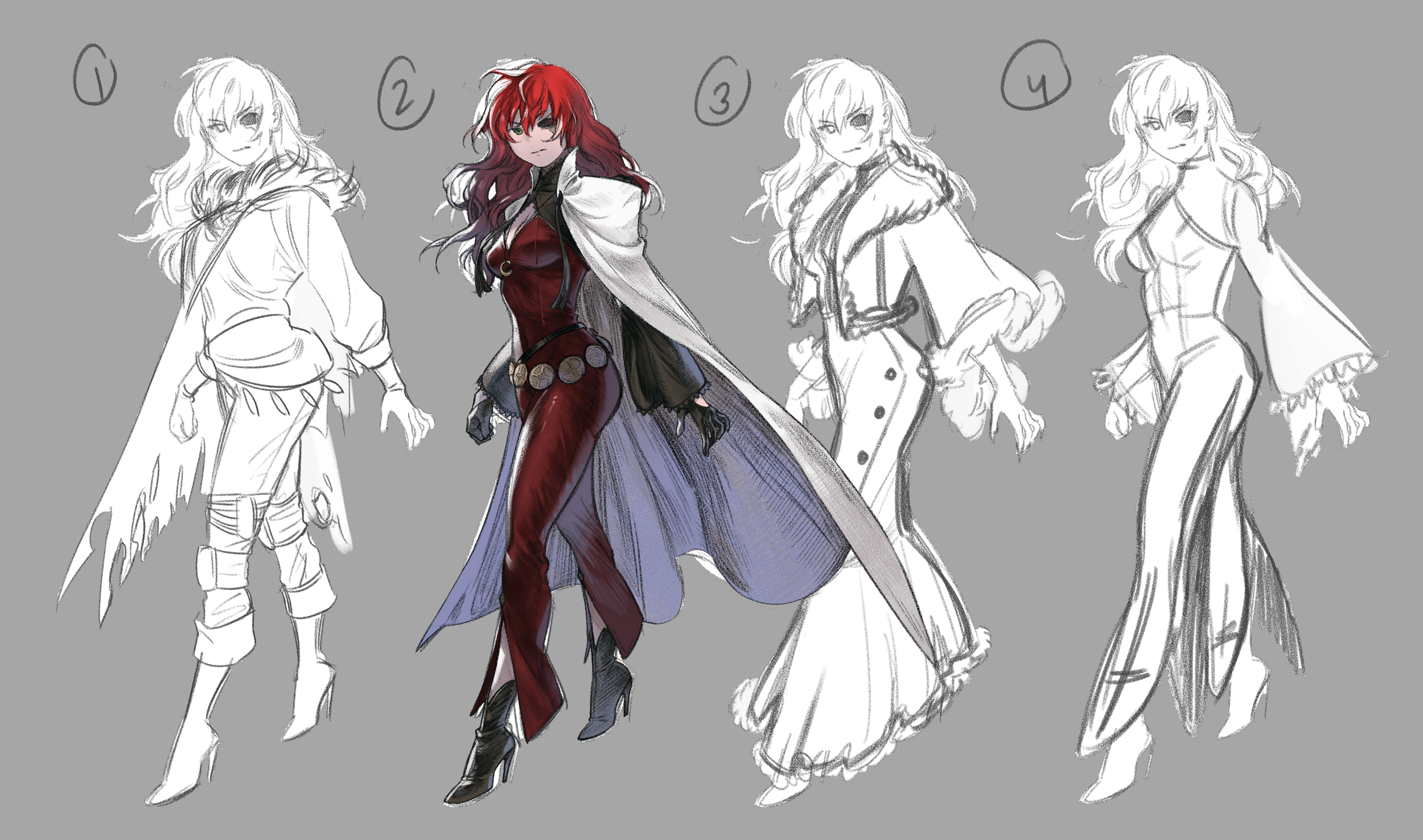 Devola's attire is a reinterpretation of her original Replicant/Gestalt design. I turned it into a leather catsuit-esque outfit to make it feel more futuristic and edgy. She is also missing an eye: this of course implies some sort of past incident or