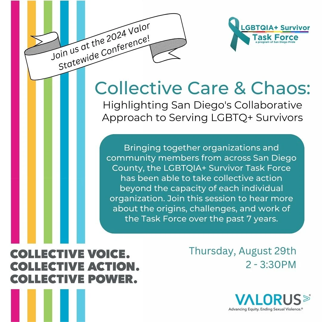 The Task Force is honored to be presenting at the 2024 Valor Statewide Conference! Since the conference is taking place in San Diego, a few Task Force members will be attending, both to learn what is happening in the anti-violence field across Califo