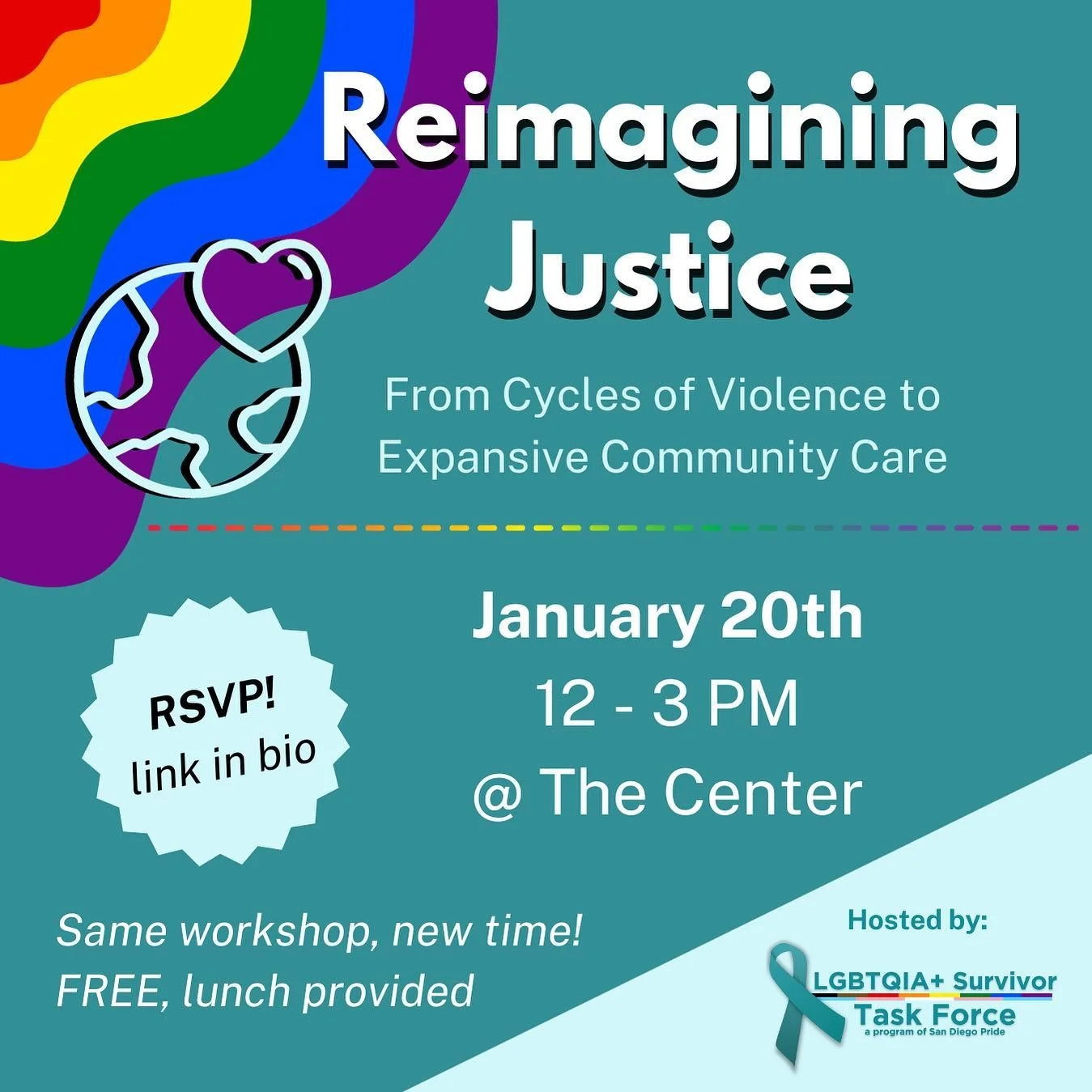 Join us for a thought-provoking and engaging workshop aimed at challenging our understanding of justice!
 
🌈 Saturday January 20th from 12 &ndash; 3 PM
🌈 At The San Diego LGBT Community Center - 3909 Centre St, San Diego, CA 92103
🌈 FREE!
🌈 Acces