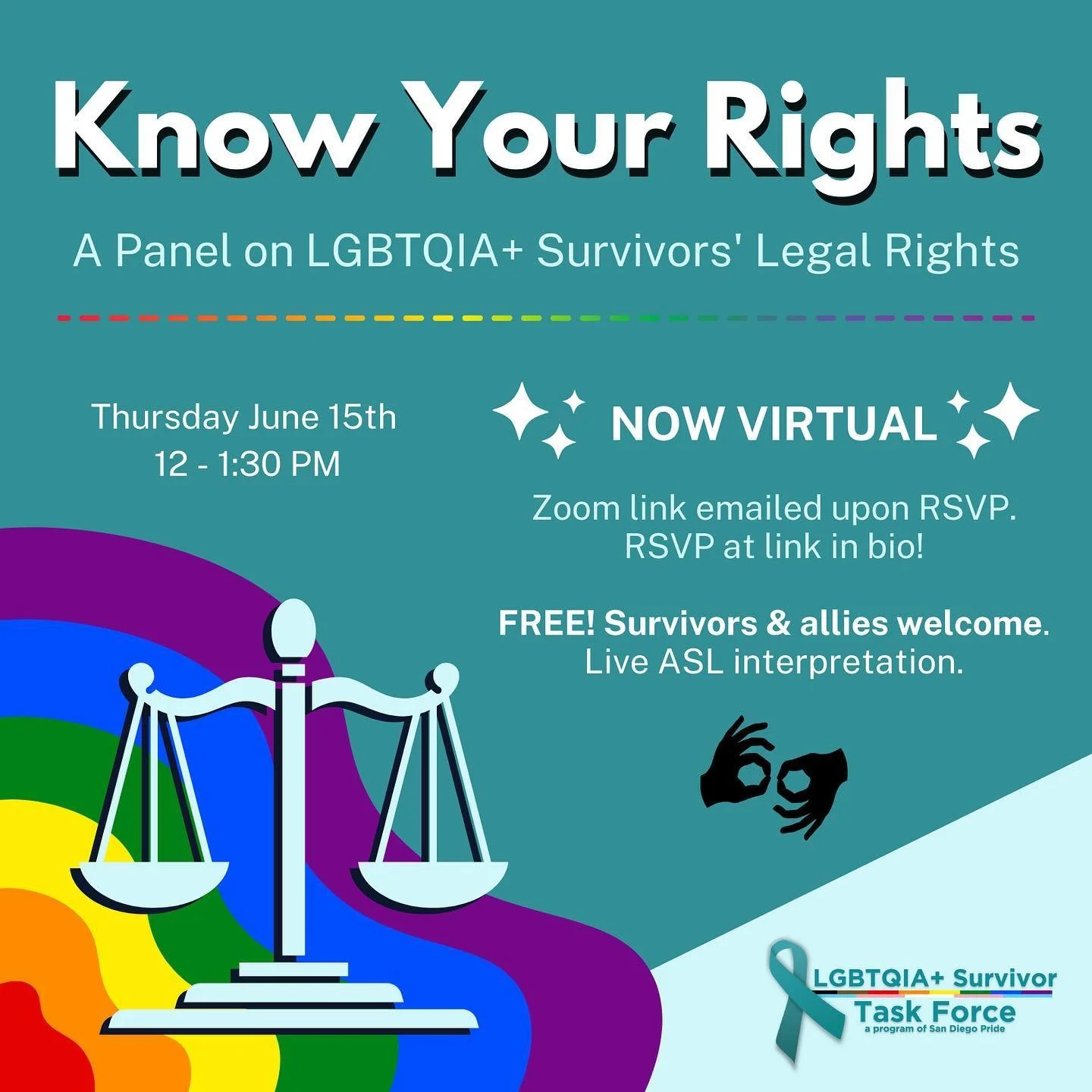 This Thursday, join us for a FREE virtual panel on LGBTQIA+ survivors' legal rights. Whether you attend live or watch the recording later, this is an opportunity to ask questions and learn from local legal experts! 
 
Survivors, allies, providers, an