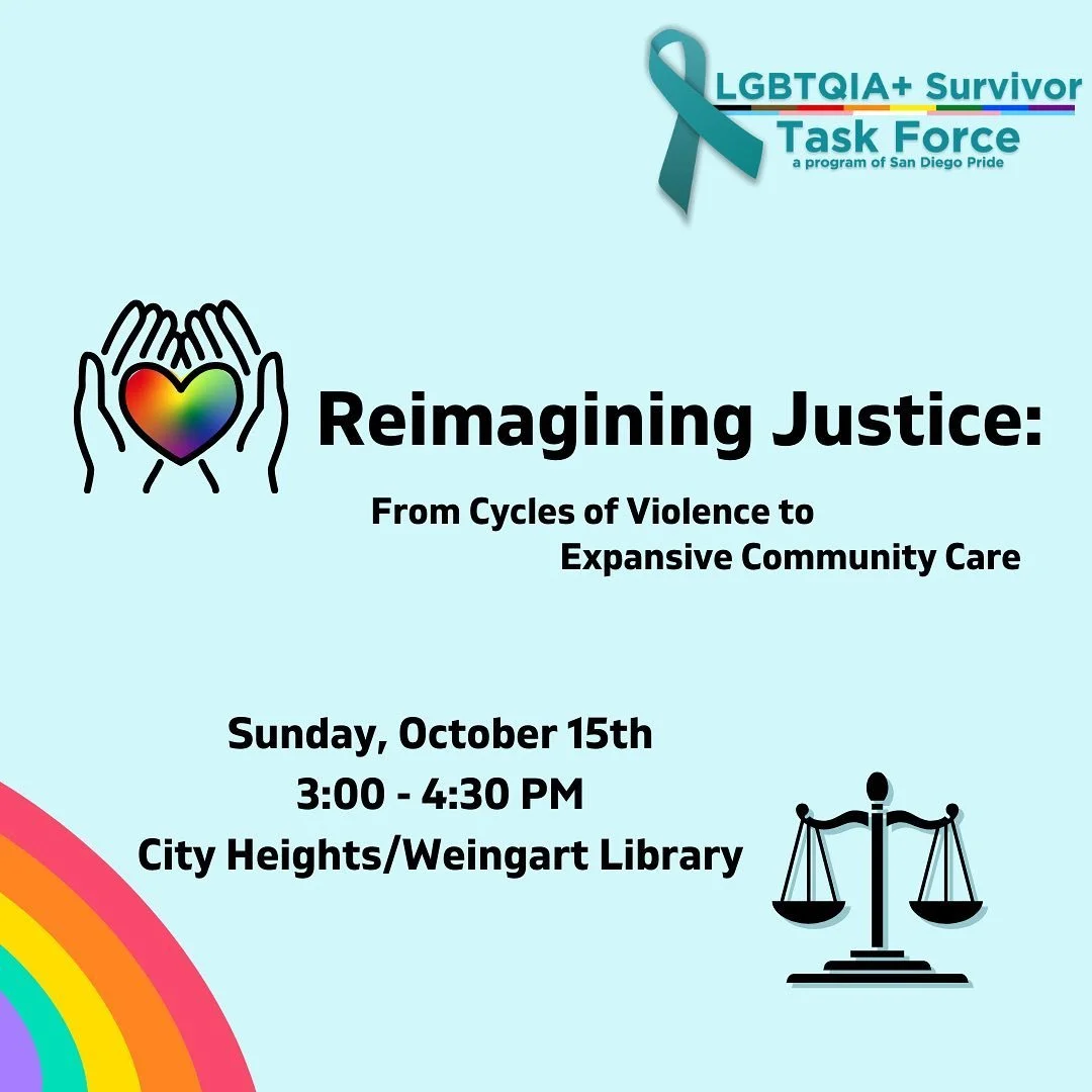 Join us for a thought-provoking and engaging workshop aimed at challenging our understanding of justice!

🔵 Sunday October 15th from 3 - 4 PM at the City Heights/Weingart Library
🔵 FREE!
🔵 Accessible venue, ASL interpretation available upon reques