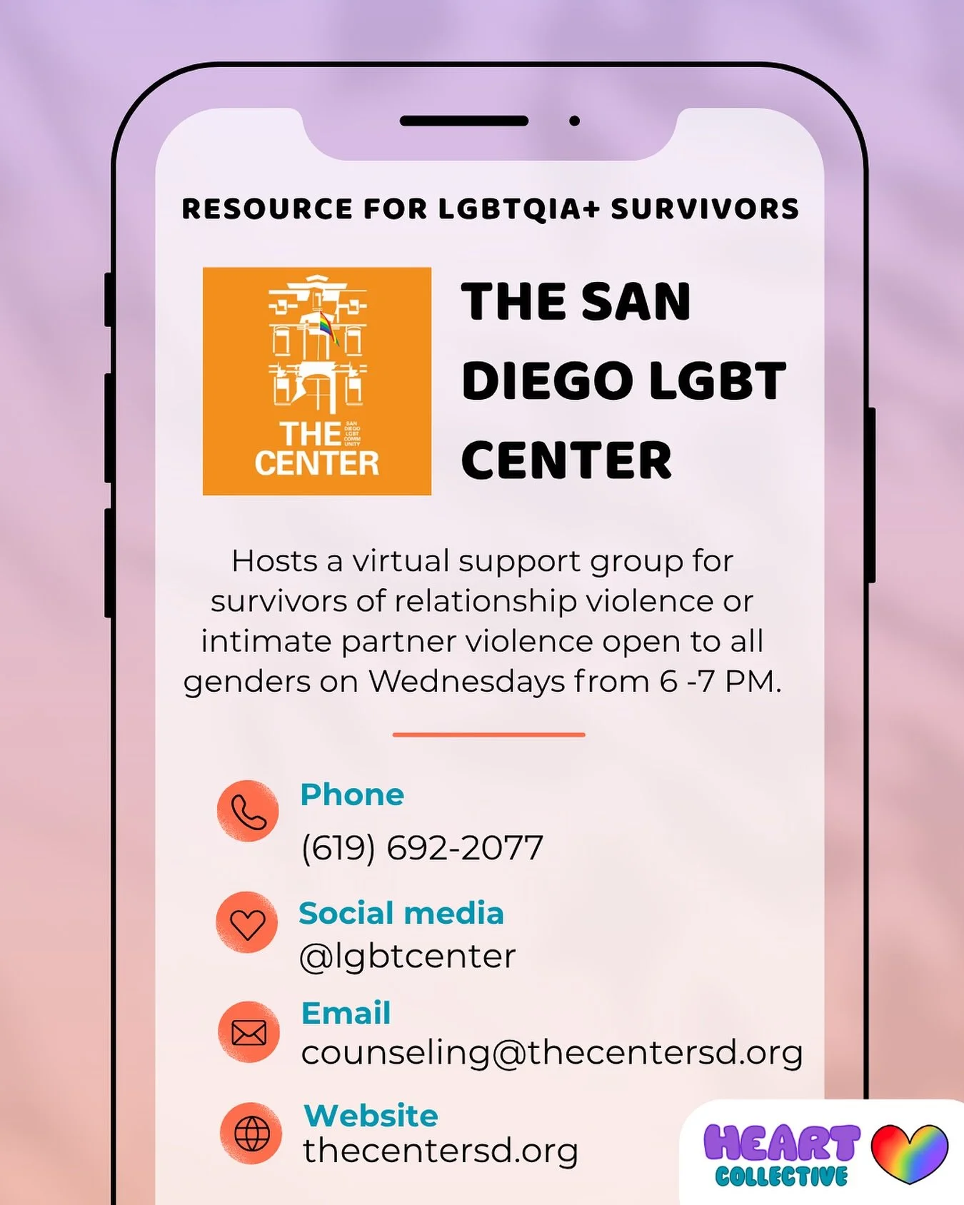 The San Diego LGBT Center offers many great support groups and programs, including one for survivors of relationship violence that is open to all genders. To join this virtual support group, first email counseling@thecentersd.org to schedule an intak