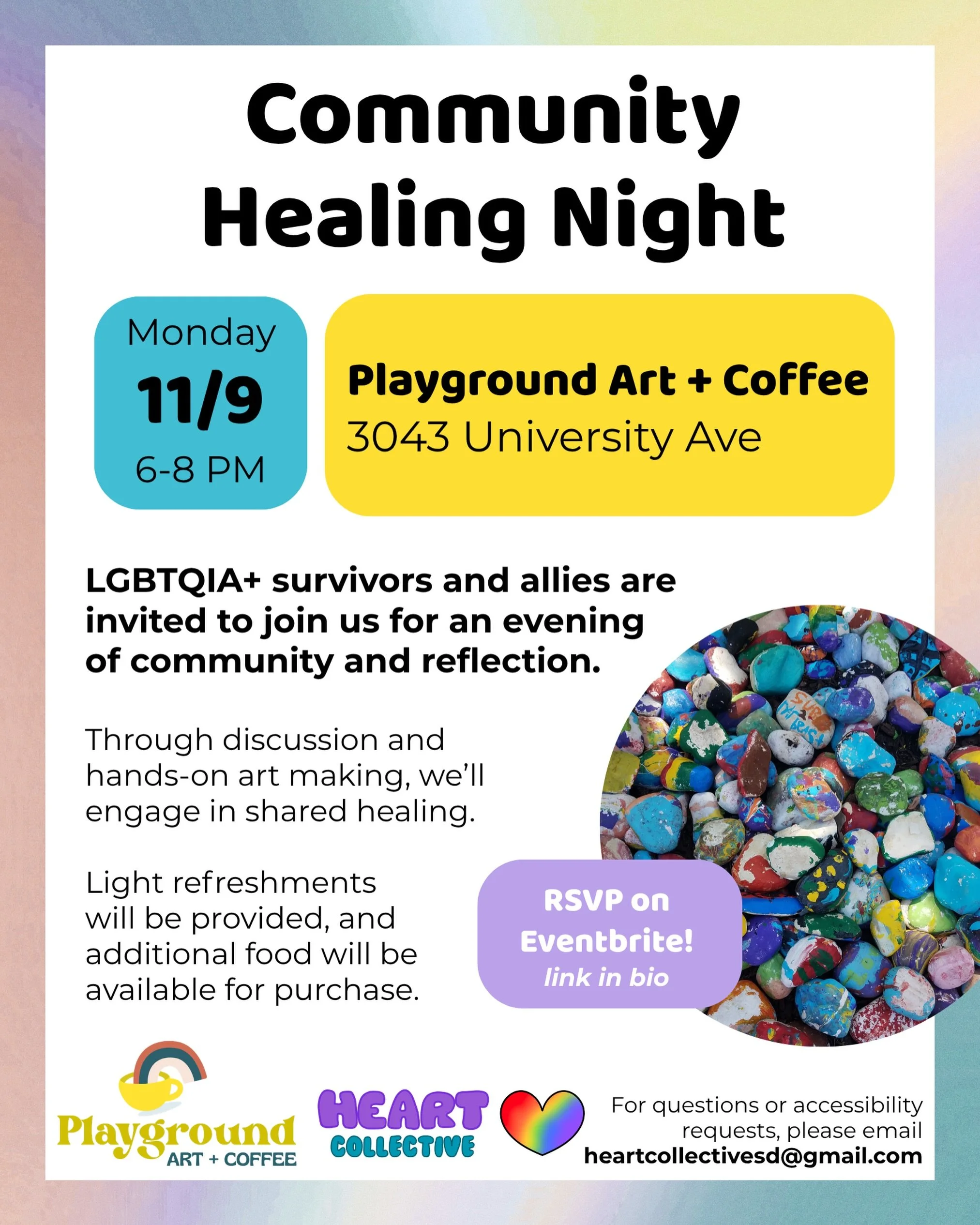 Join the HEART Collective for our first-ever Community Healing Night, an evening dedicated to reflection, creative expression, healing, and meaningful connection for LGBTQIA+ survivors of sexual and relationship violence and their allies.

We believe