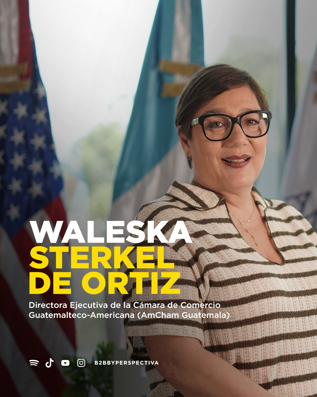 Retrato de Waleska Sterkel de Ortiz frente a banderas en un espacio interior.
