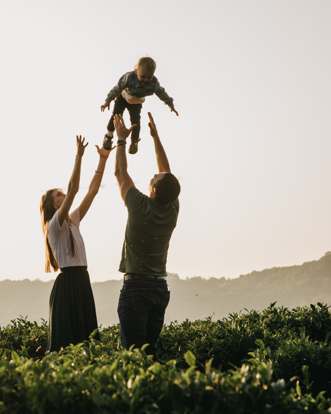 A family playing outdoors, lifting a young child into the air during sunset.