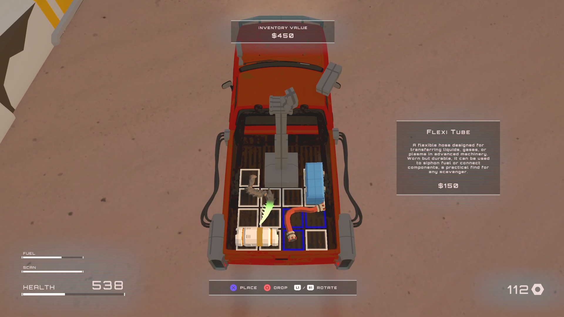 Top-down view of a video game interface showing a red truck filled with various virtual objects and equipment, including a flexible tube, boxes, and tools, with game controls and stats displayed.