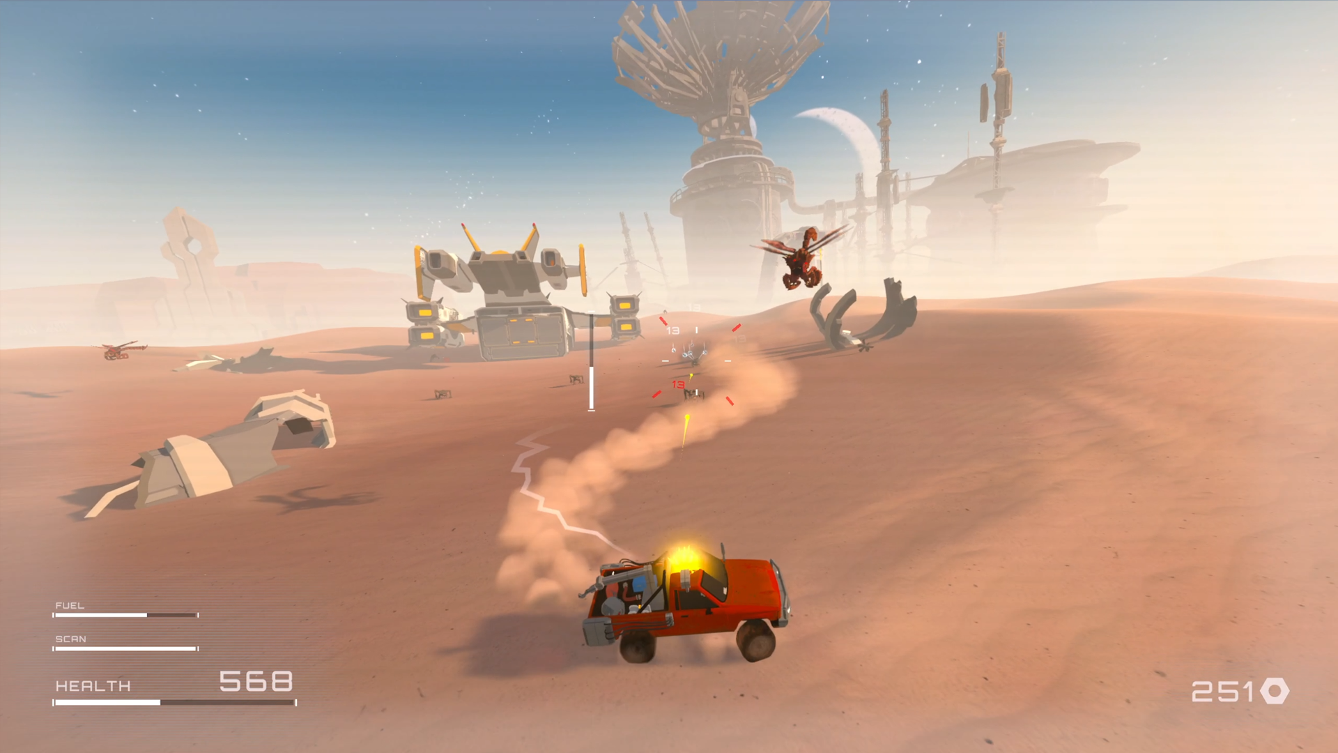 Video game scene showing a small red vehicle in a desert landscape firing at distant monsters, with a large futuristic structure and spaceship in the background.