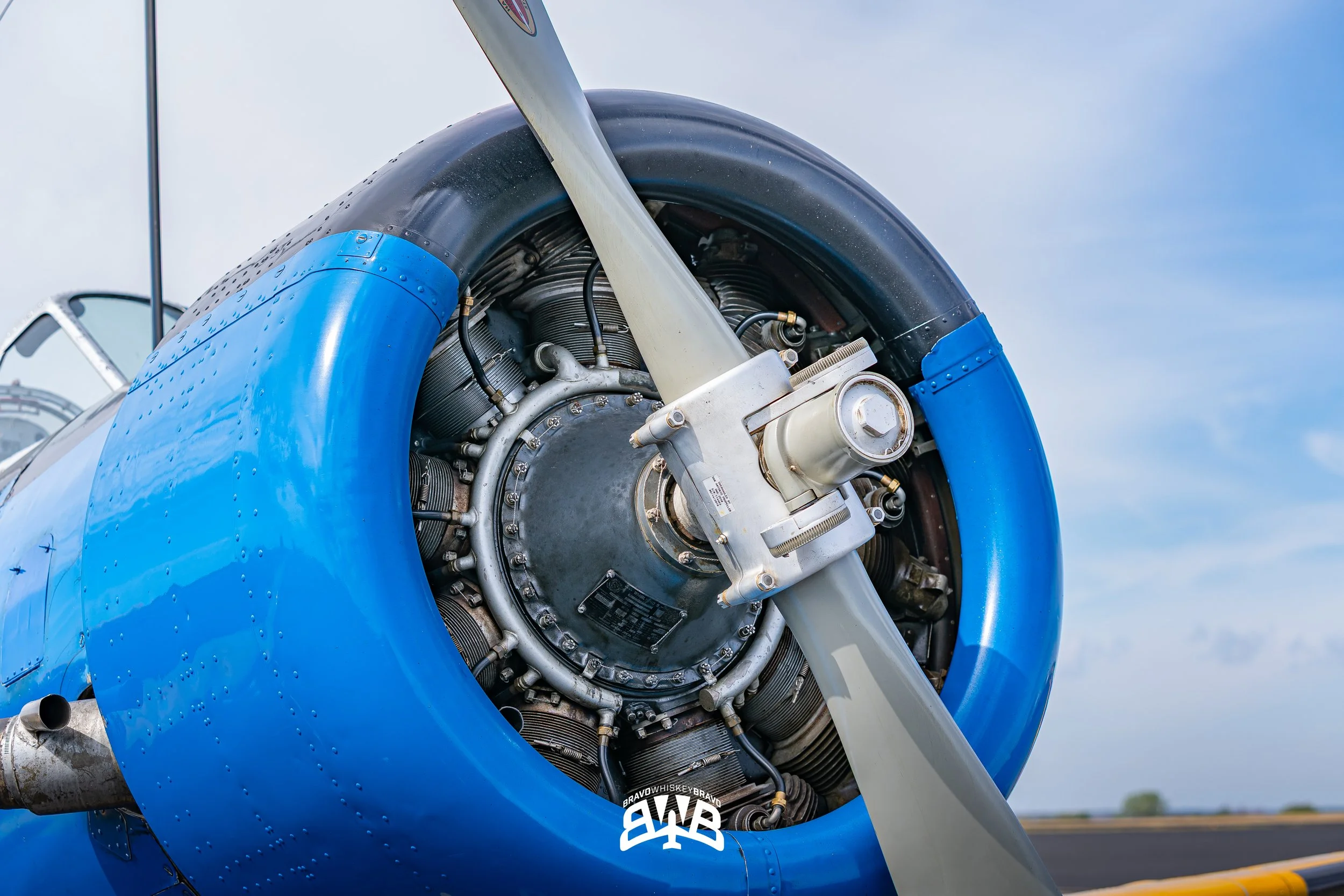 Close-up view of an aircraft engine with a blue cowling and a white propeller, under a partly cloudy sky.
