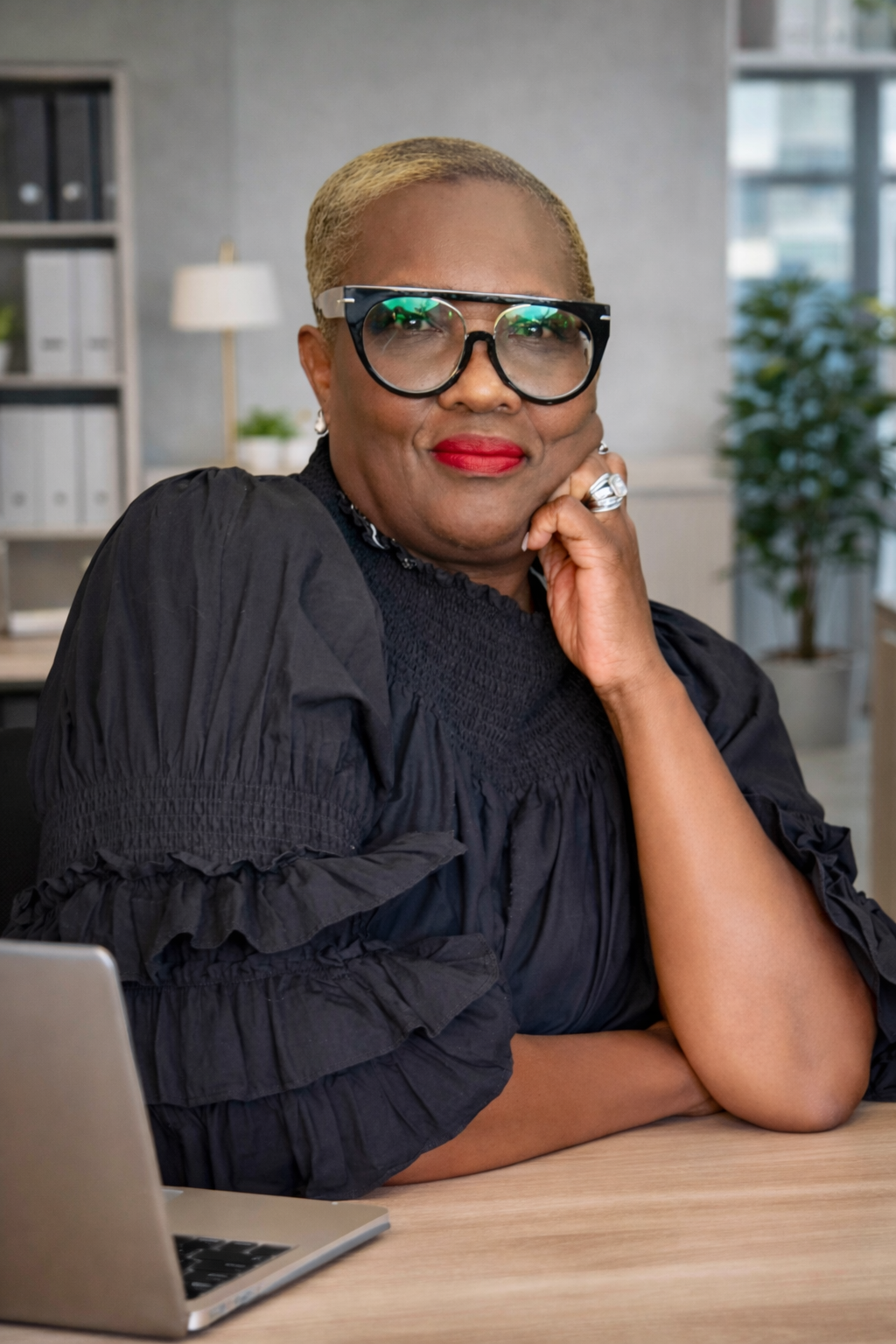 A confident woman with short blonde hair, wearing large glasses, red lipstick, and a black blouse, sitting at a desk with a laptop in a modern office.