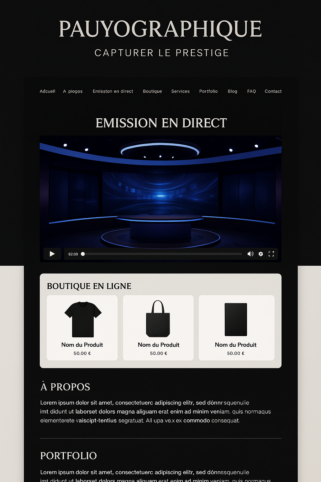 Capture d'écran d'une page web sombre présentant une émission en direct et une boutique en ligne avec des produits.