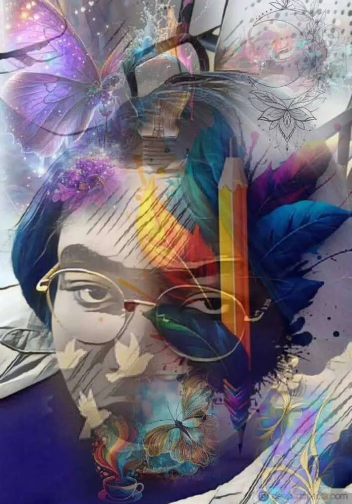 Image numérique artistique combinant un portrait en noir et blanc d'une personne portant des lunettes, entouré de papillons colorés, de fleurs, de plumes, et d'éléments de dessin floral, avec des couleurs vives et des effets de superposition.