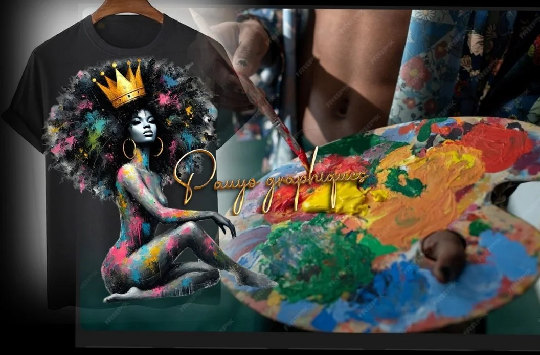 Une palette de peinture colorée avec des coups de pinceau verts, jaunes, rouges et bleus, et un pinceau trempé dans de la peinture rouge. Un t-shirt noir avec une illustration artistique d'une femme afro-américaine décorée d'une couronne dorée et d'oreilles hoop, avec le texte manuscrit "Paysage graphique" en or