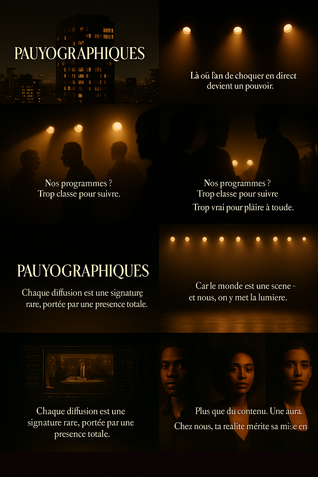 Une affiche promotionnelle pour une émission ou un programme nommé "Pauyographiques", montrant des silhouettes de personnes en conversation dans une ambiance sombre, avec un éclairage chaud. Il y a aussi une phrase sur l'importance de la lumière dans le monde et un extrait avec des portraits de trois femmes.