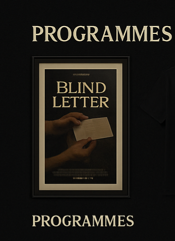 Affiche pour le spectacle 'Blind Letter' avec le mot 'PROGRAMMES' en haut et en bas.