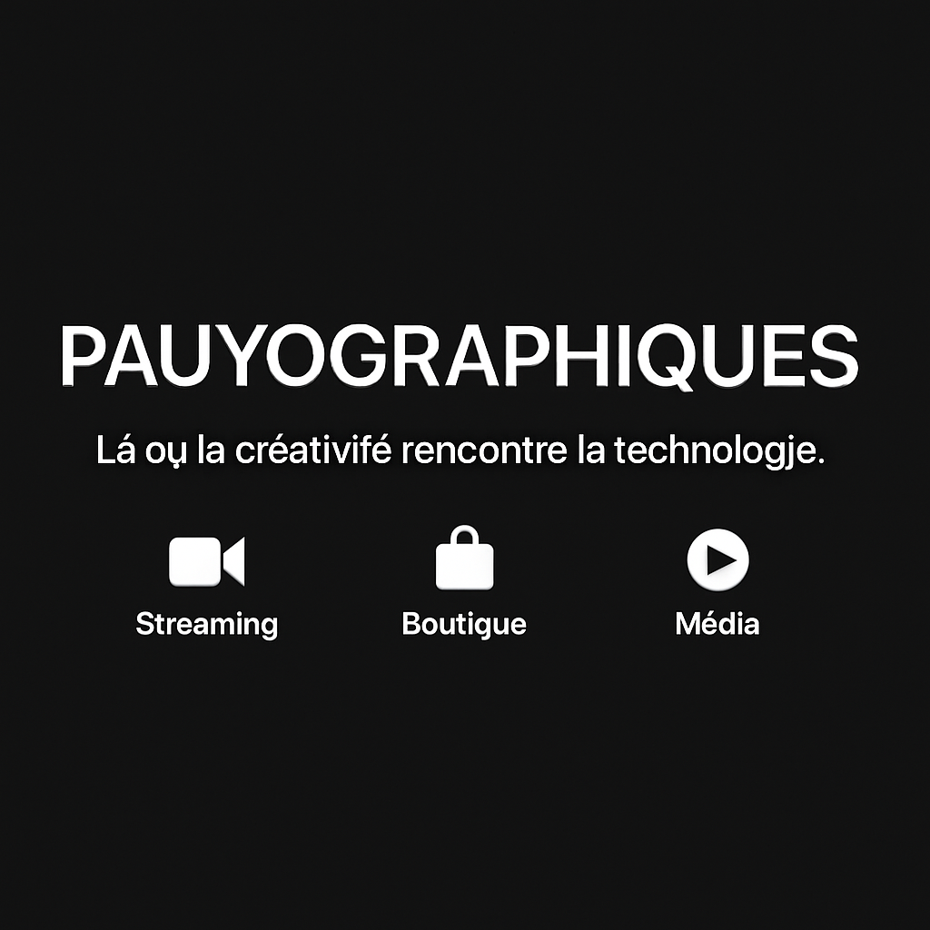 Écran noir avec le titre "PAUYOGRAPHIQUES" en blanc, et le sous-titre "Là où la créativité rencontre la technologie", ainsi que trois icônes : une caméra, un sac, et un bouton de lecture, accompagnés respectivement des mots "Streaming", "Boutique" et "Média".