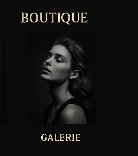 Une affiche en noir et blanc d'une femme avec les yeux fermés, la tête légèrement inclinée, et le texte 'BOUTIQUE' en haut et 'GALERIE' en bas.