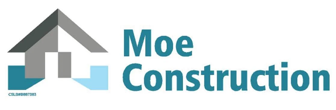 Logo for Moe Construction, featuring a stylized house with a roof, walls, and foundation in shades of gray and blue, and the company name in bold blue letters.