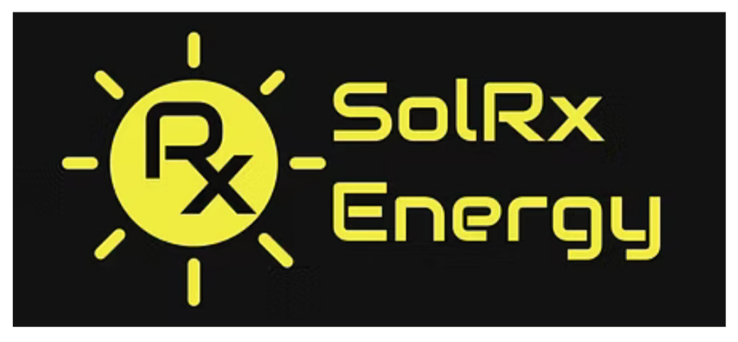 Logo with a yellow sun graphic and the text 'SolRx Energy' on a black background.
