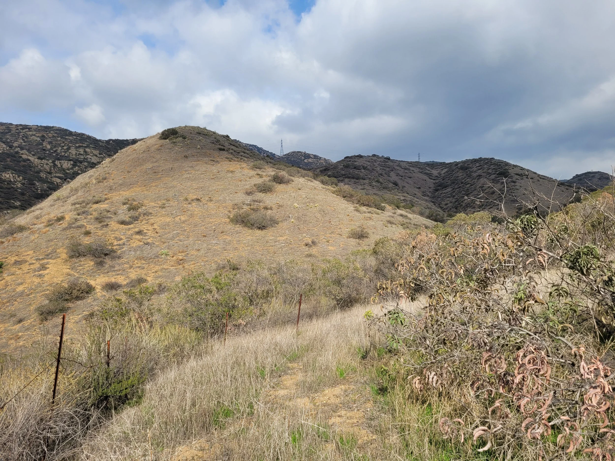 Hilly landscape with dry grass and sparse bushes, mountains in the background, cloudy sky overhead, and a weathered fence on the left side.