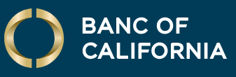 Banc of California logo with gold circle and text on a dark blue background