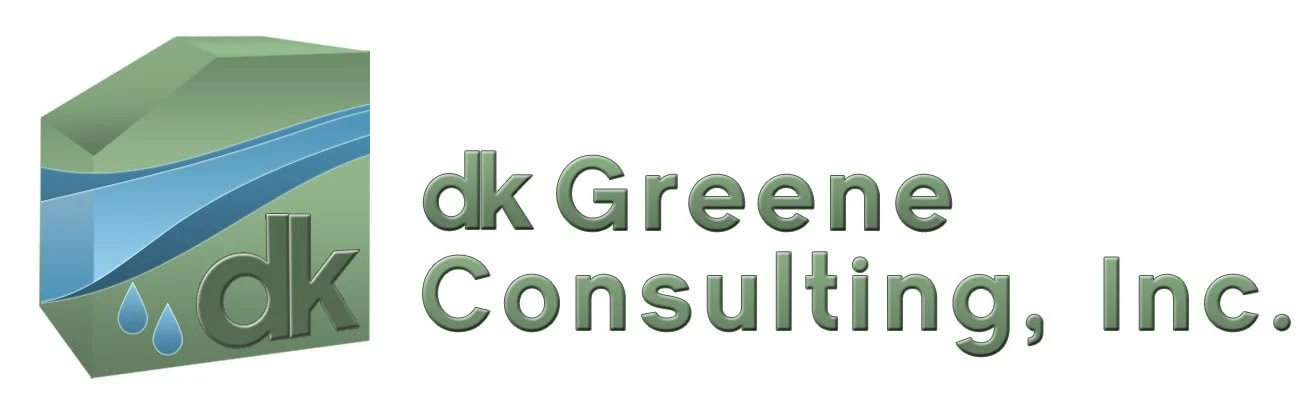 Logo for dk Greene Consulting, Inc. featuring a 3D cube with a green landscape, blue water, and water drops, alongside the company name in green text.