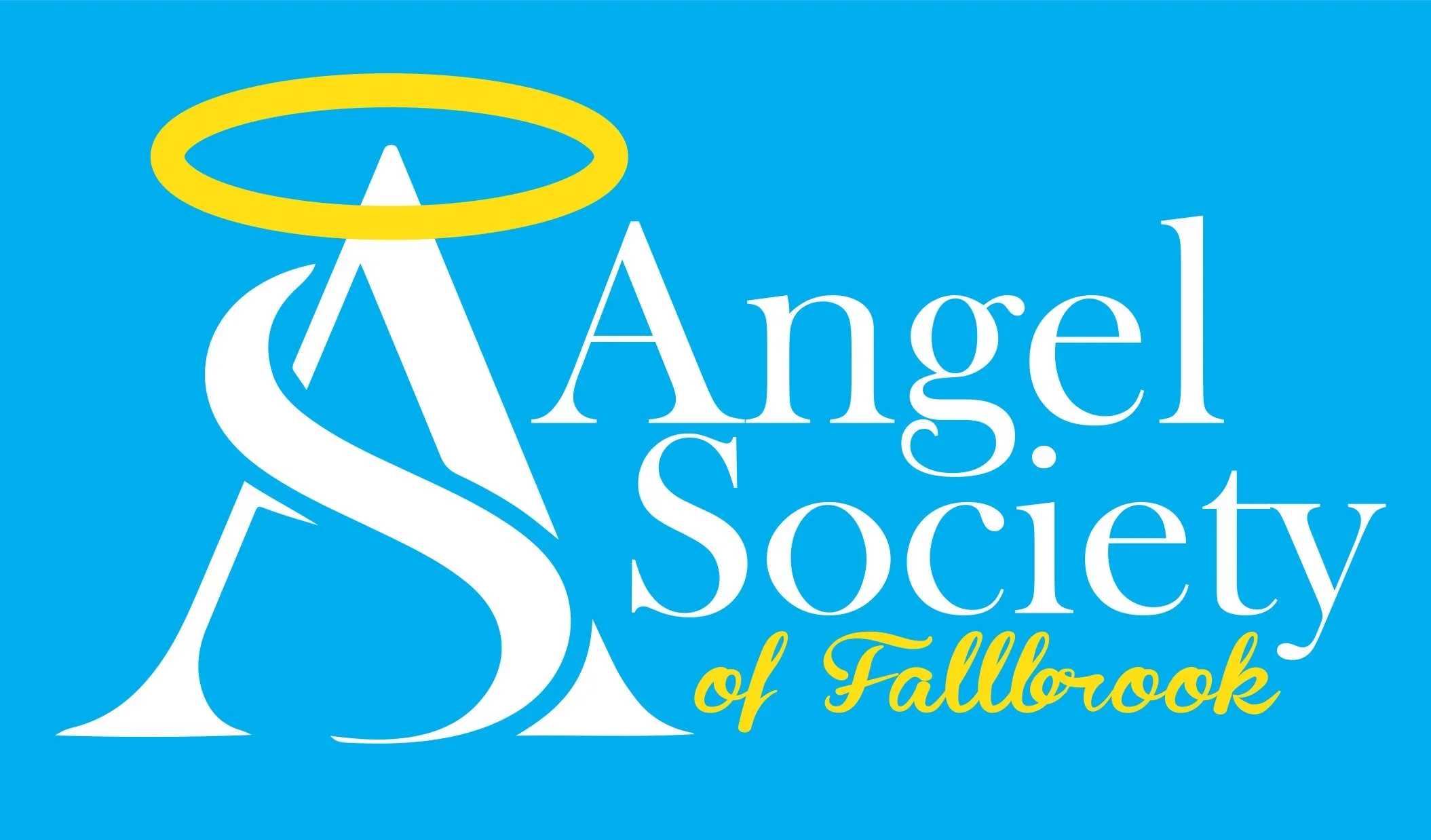 Logo of Angel Society of Fallbrook featuring a stylized white angel with a yellow halo on a blue background, with the organization name written in white and yellow text.