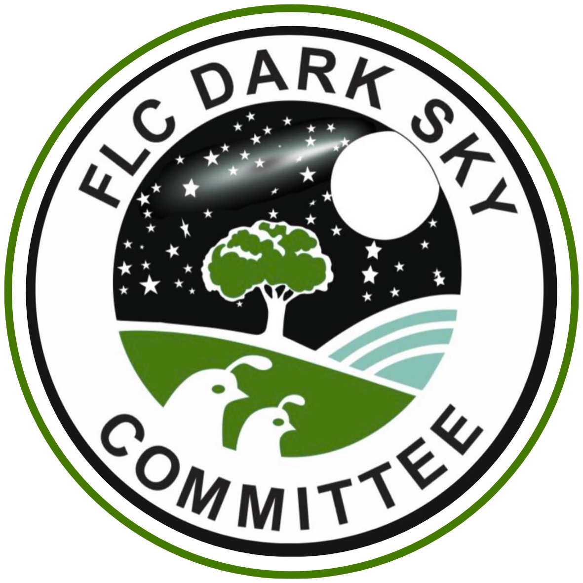 Circular logo for Flask Dark Sky Committee featuring a tree, stars, moon, hills, and plants.