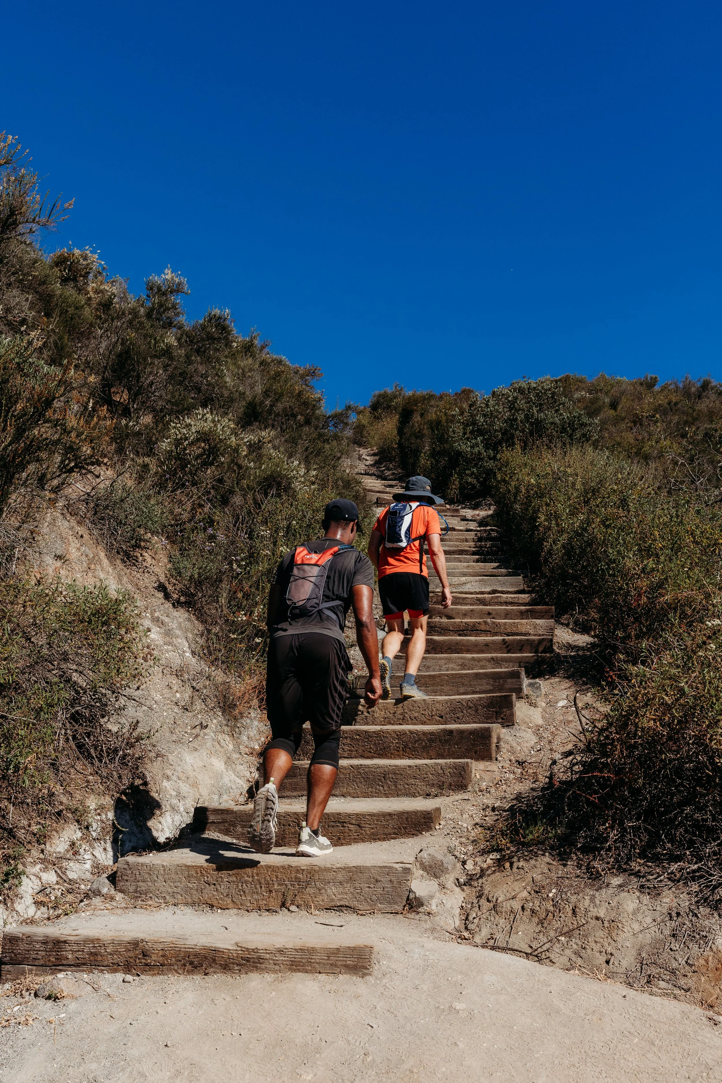 Two people hiking up wooden steps of Monserate Mountain on a dirt trail, surrounded by bushes, under a clear blue sky.