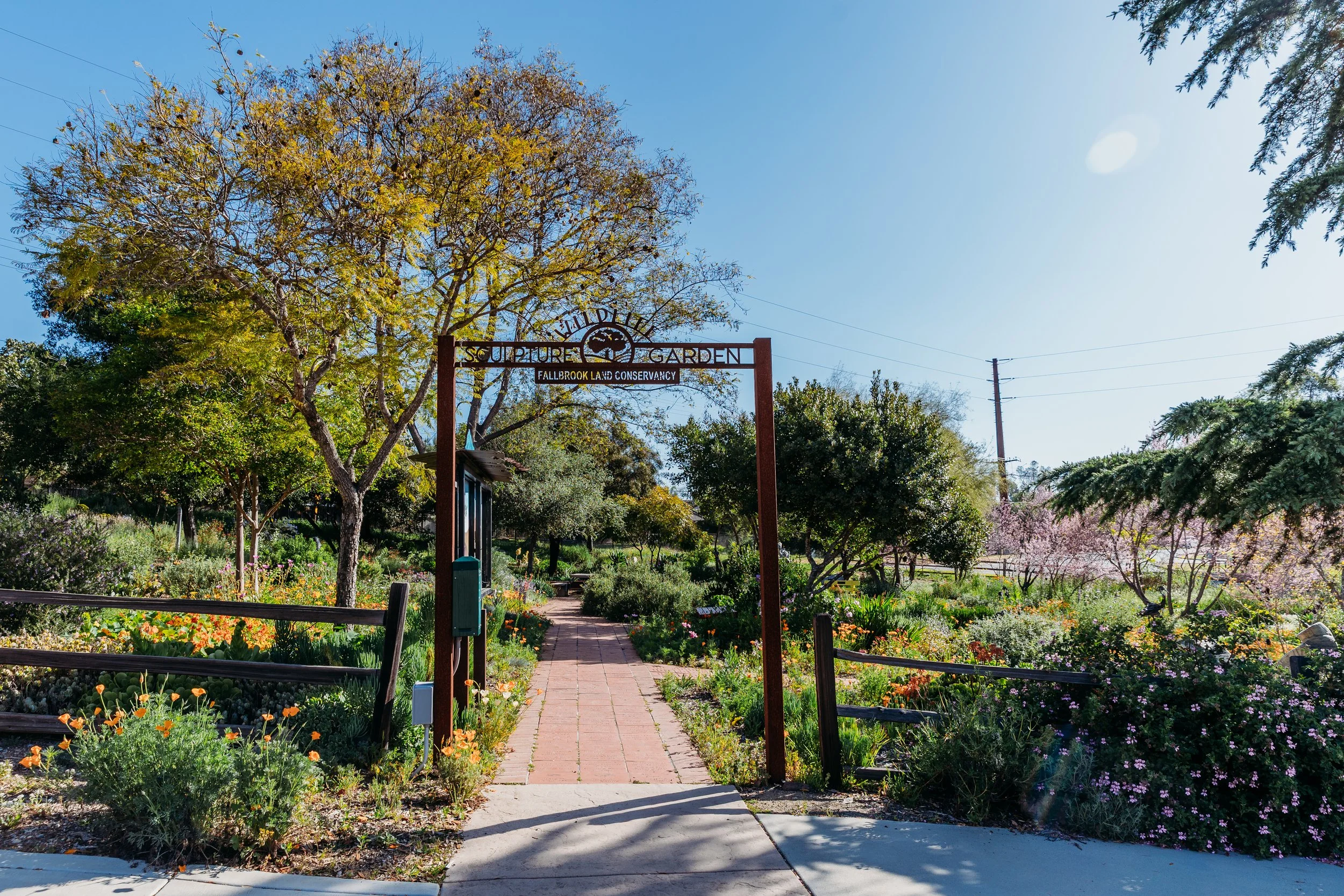 Entrance to Sculpture Garden with a brick pathway, surrounded by blooming flowers and trees, under a clear blue sky.