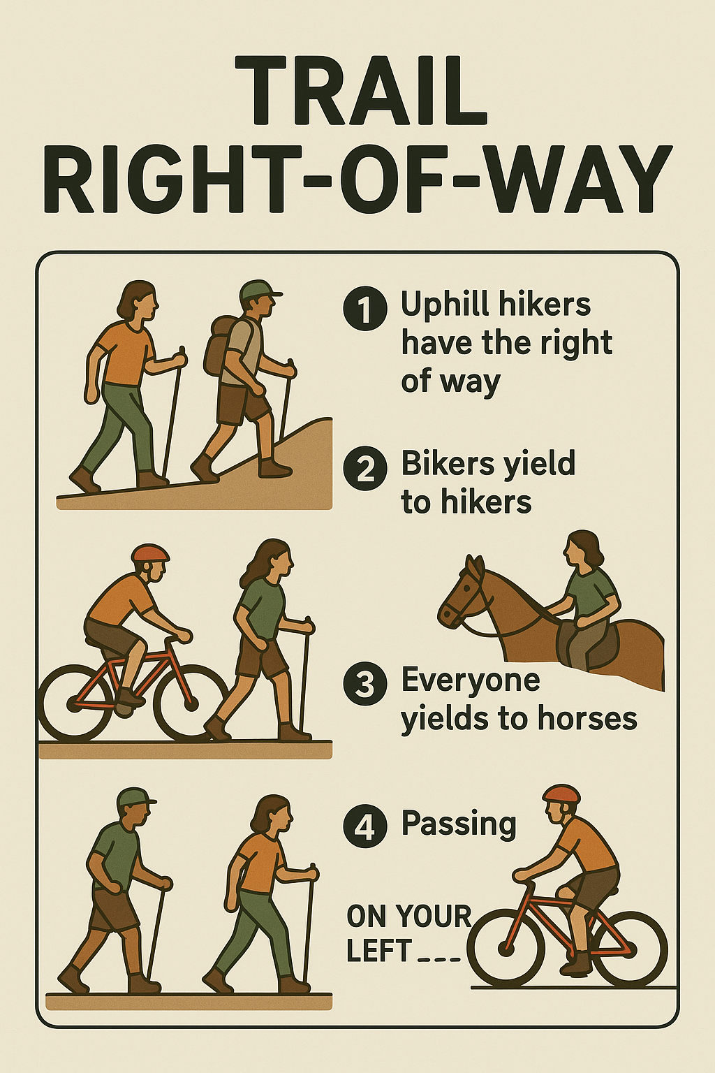 Fallbrook Land signage explaining trail right-of-way rules with illustrations: uphill hikers have the right of way, bikers yield to hikers, everyone yields to horses, passing on your left.