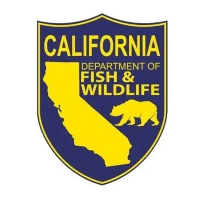 California Department of Fish & Wildlife logo with a yellow bear silhouette and a yellow map of California on a blue shield background.