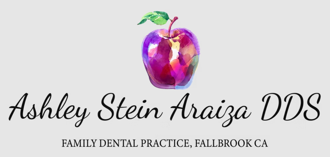 Business card for Ashley Stein Araiza DDS featuring a watercolor-style purple apple with green leaves.