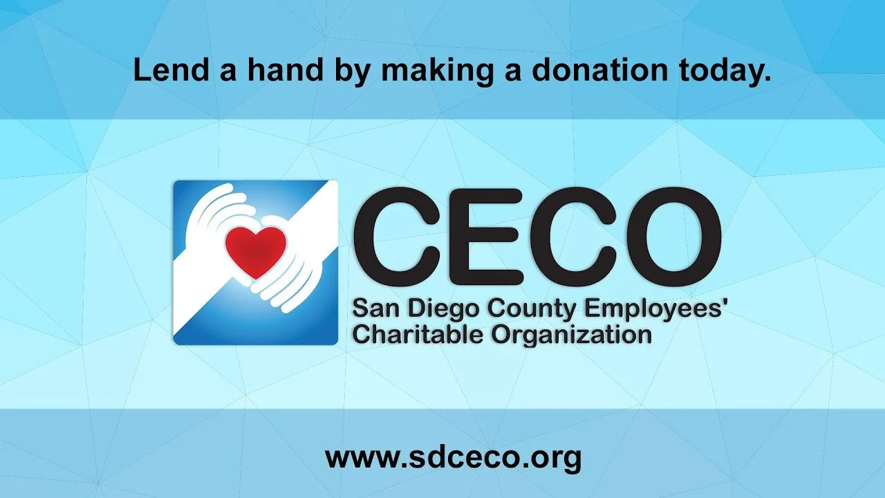 Promotional graphic encouraging donations for San Diego County Employees' Charitable Organization (CECO), featuring a logo with two hands holding a heart and the website www.sdceco.org.