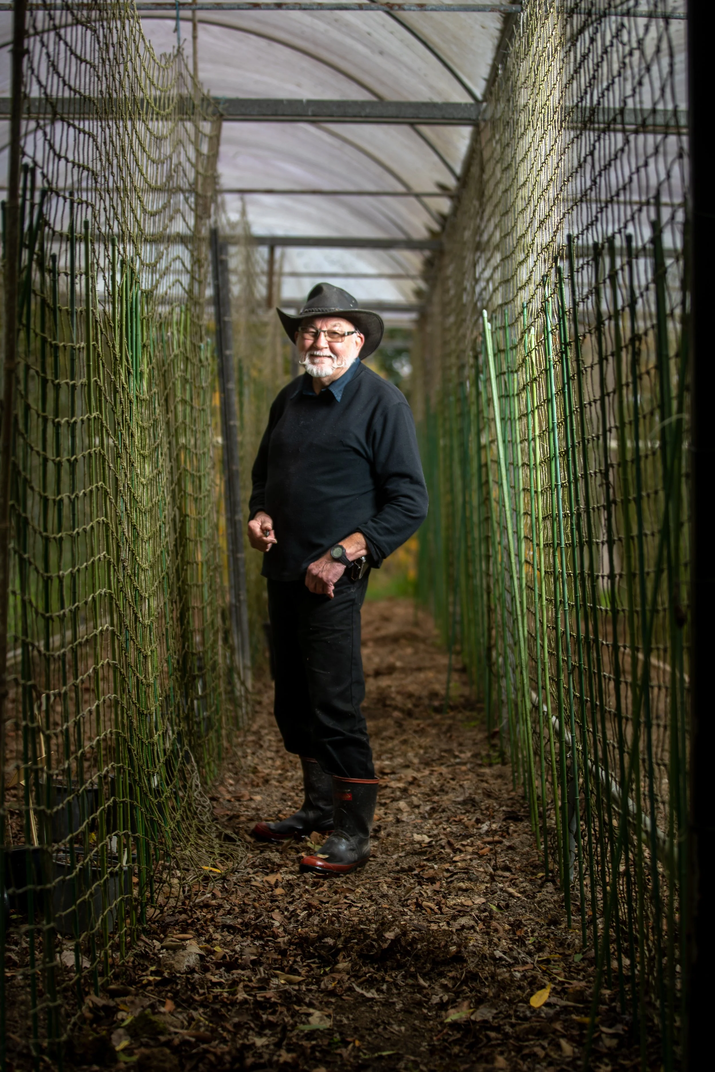 A man with a cowboy hat, glasses, and a beard stands in a greenhouse enclosed by wire fencing, wearing black clothes and muddy waterproof boots.