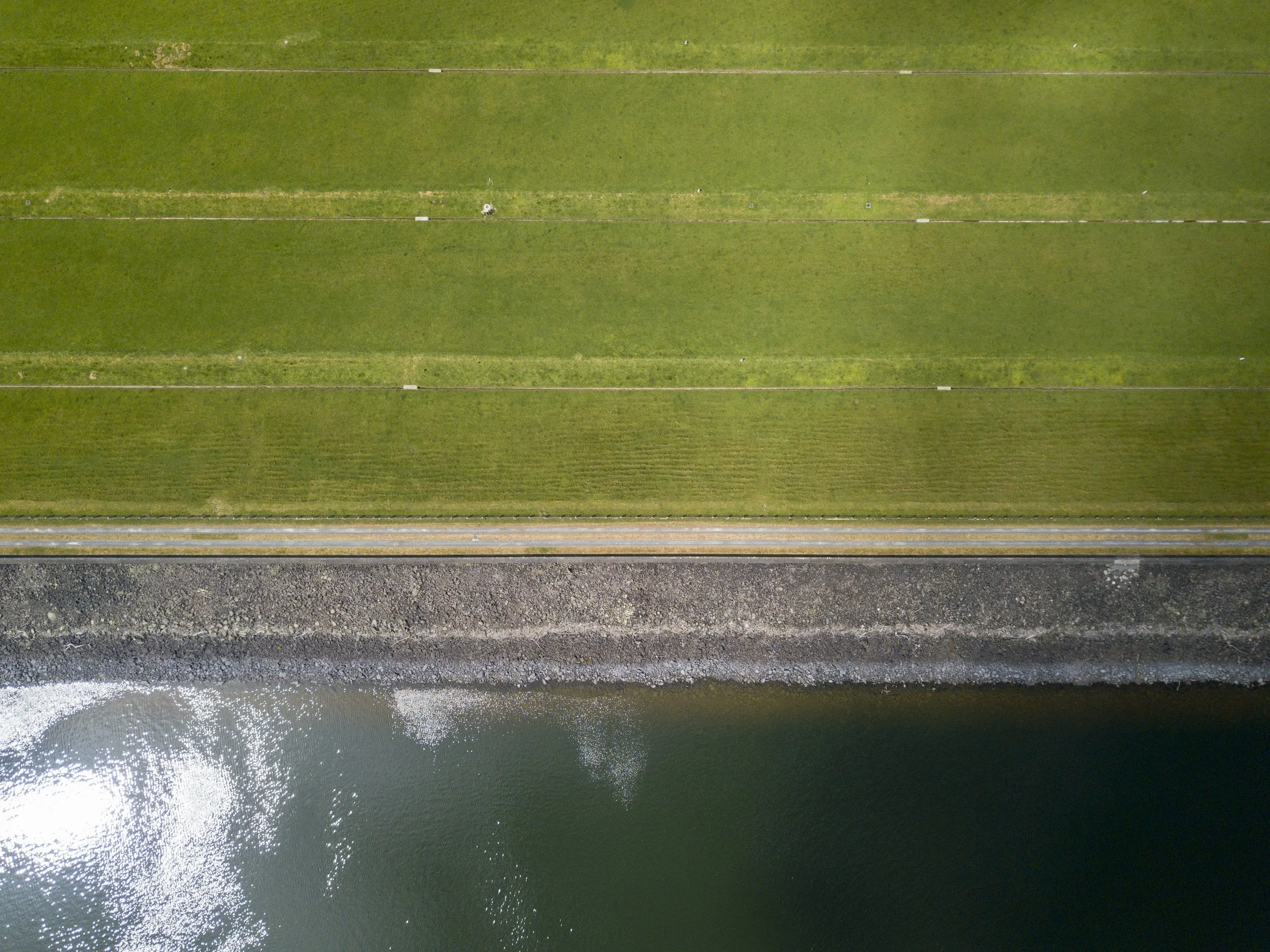 Aerial view of a grassy field with multiple sections separated by white lines, running alongside a road and a body of water with waves.