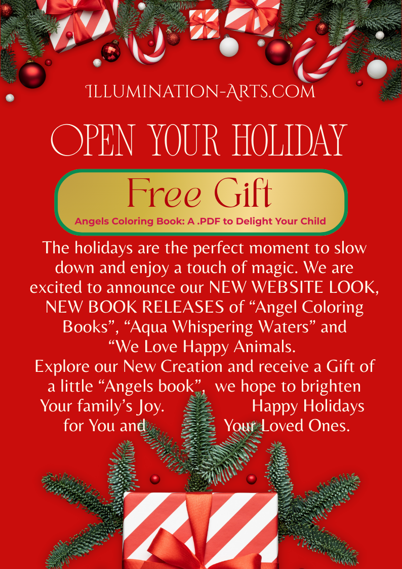 A festive holiday advertisement with red background, decorated with Christmas ornaments, evergreen branches, and wrapped presents. Text promotes a holiday sale and free angel-themed coloring book PDF, with website and message about celebrating the holidays.