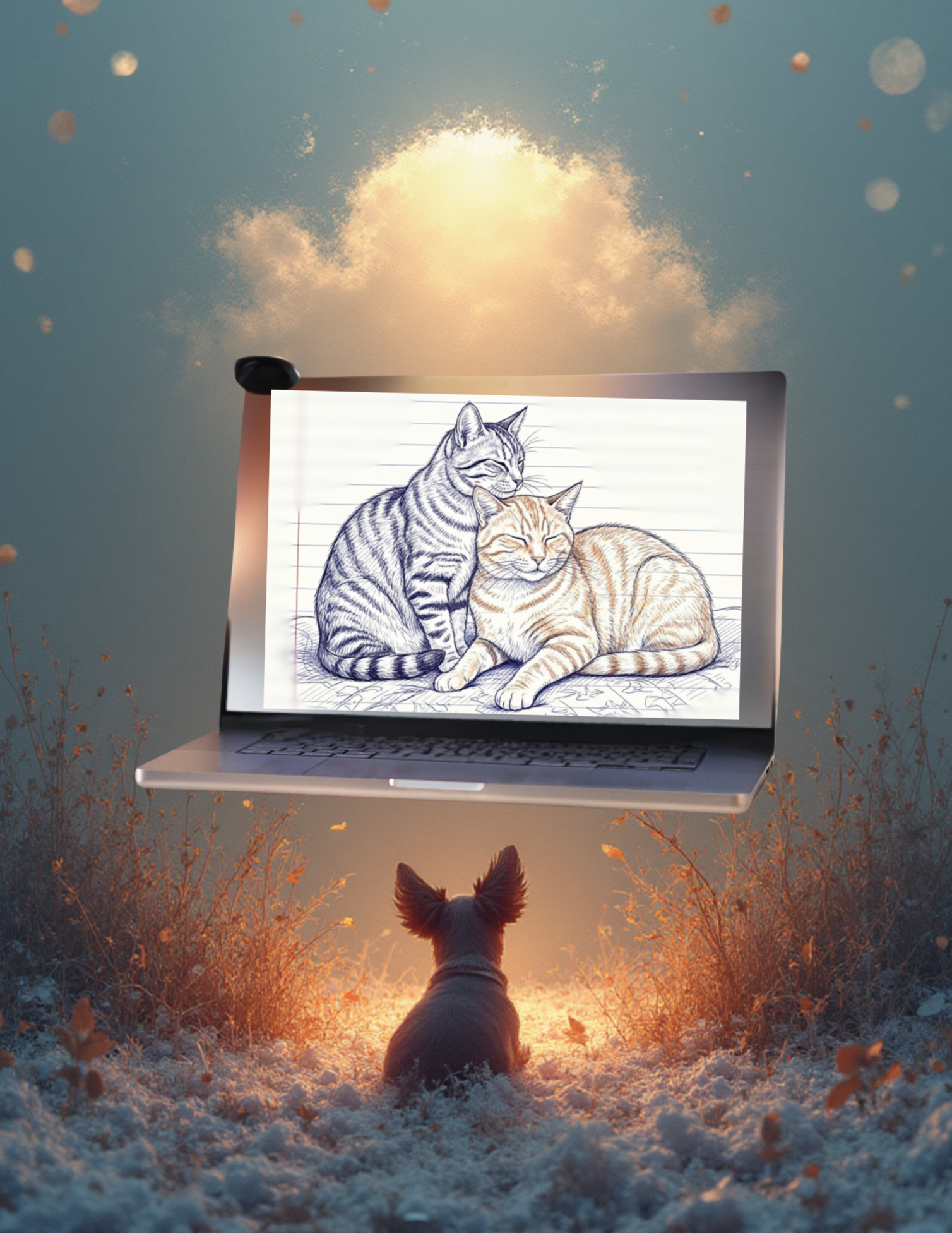A dog sitting in snow looking at a floating laptop displaying a drawing of two cats, with warm sunset lighting and snowflakes falling.