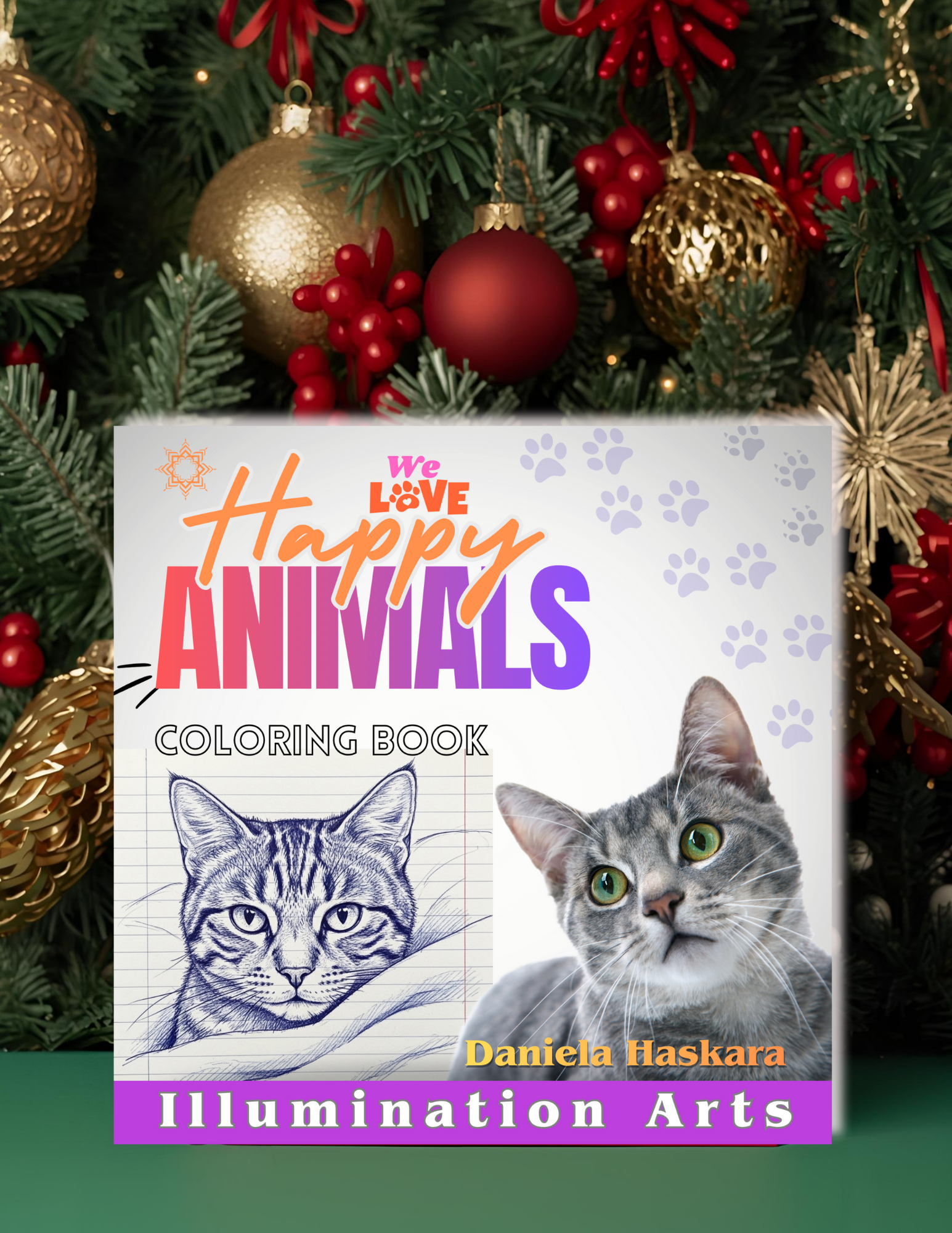 A holiday-themed image showing a decorated Christmas tree with red and gold ornaments in the background, and a colorful children's coloring book titled 'We Love Happy Animals Coloring Book' in the foreground, featuring an illustration of a cat and a photograph of a real cat on the cover.
