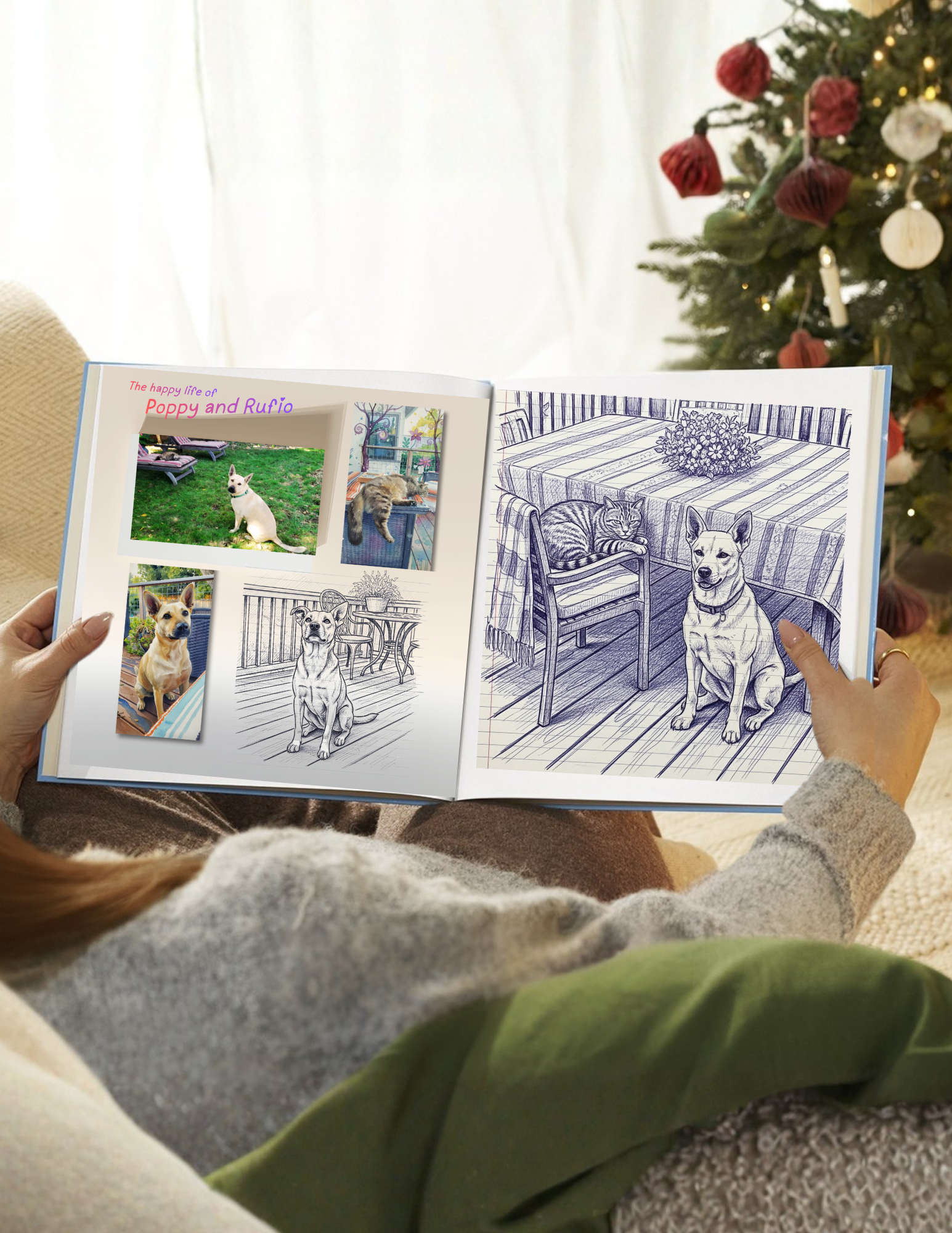 Open photo album showing pictures and sketches of two dogs, Poppy and Rufio, in front of a decorated Christmas tree.