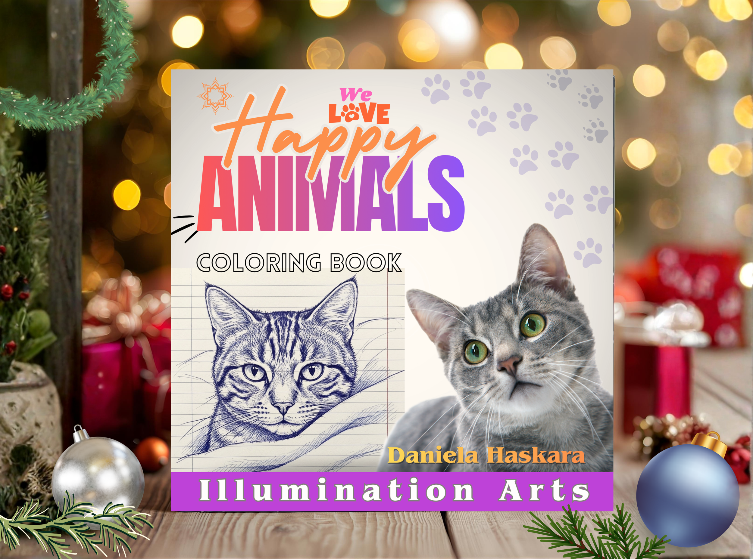 A children's coloring book titled 'We Love Happy Animals' by Daniela Haskara on a Christmas-themed background with ornaments and pine branches, featuring a realistic photo of a gray tabby cat and a line drawing of a cat on lined paper.