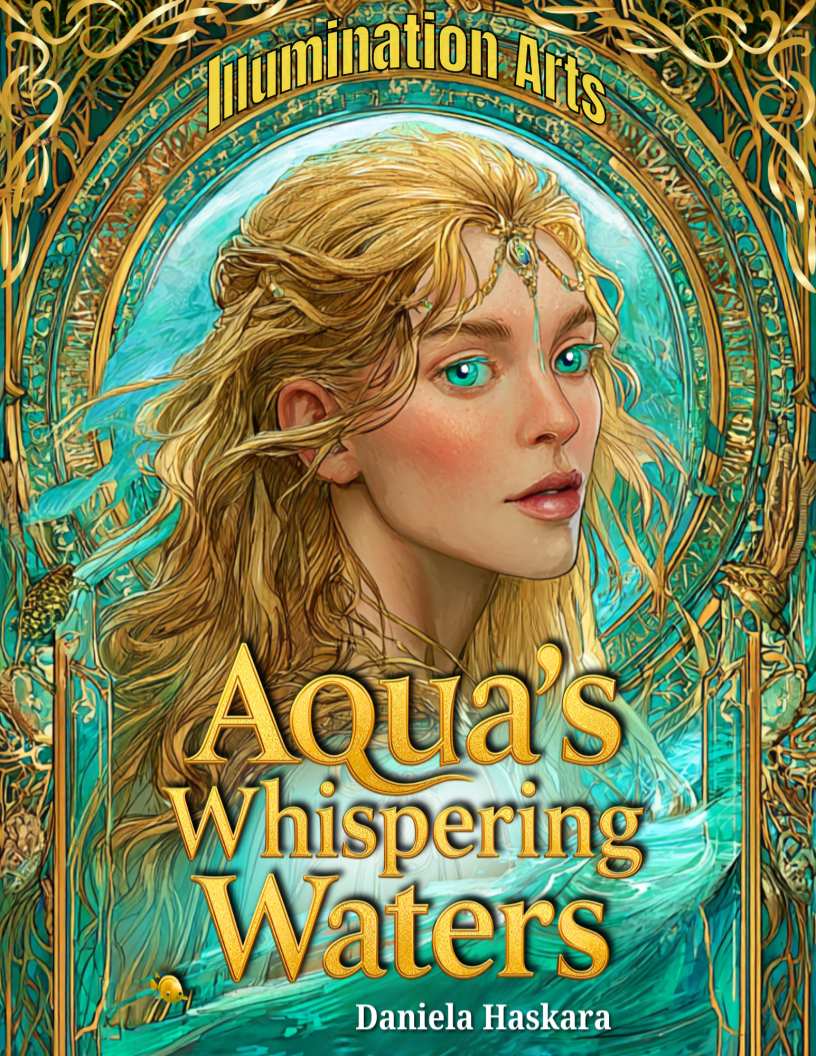Book cover for 'Aqua's Whispering Waters' by Daniela Haskara featuring a fantasy-style illustration of a woman with long, flowing blonde hair, bright blue eyes, and a jeweled headpiece, surrounded by intricate gold and teal aquatic and botanical motifs.