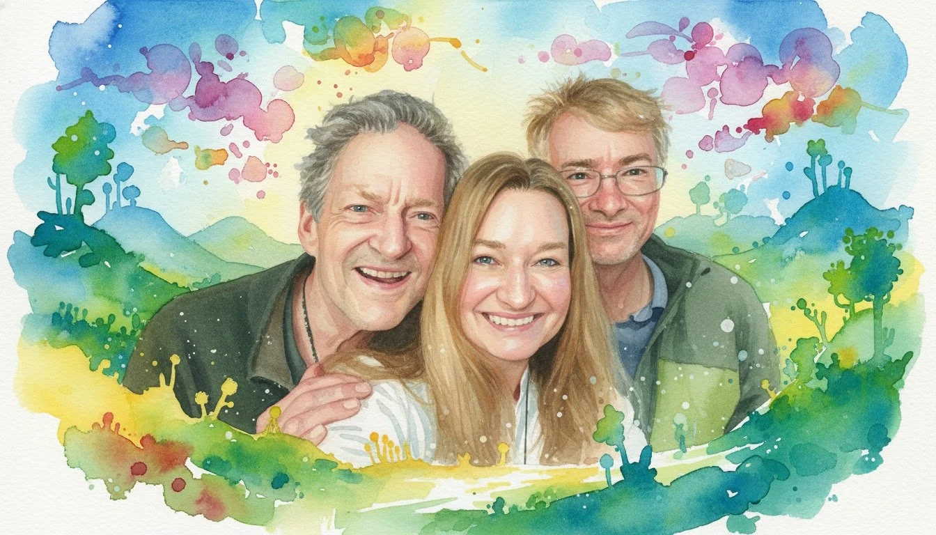 A watercolor style mural featuring a smiling group of three people, with a scenic landscape background of trees, hills, and colorful sky.