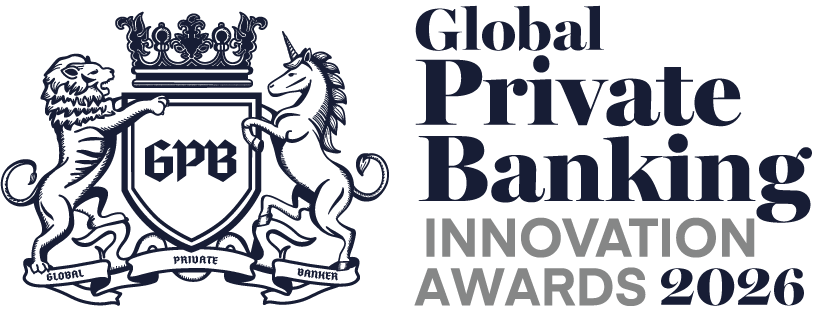 Logo for the 2026 Global Private Banking Innovation Awards, featuring a coat of arms with a lion and a unicorn, the letters 'GPB' in the shield, and the event name in bold text.