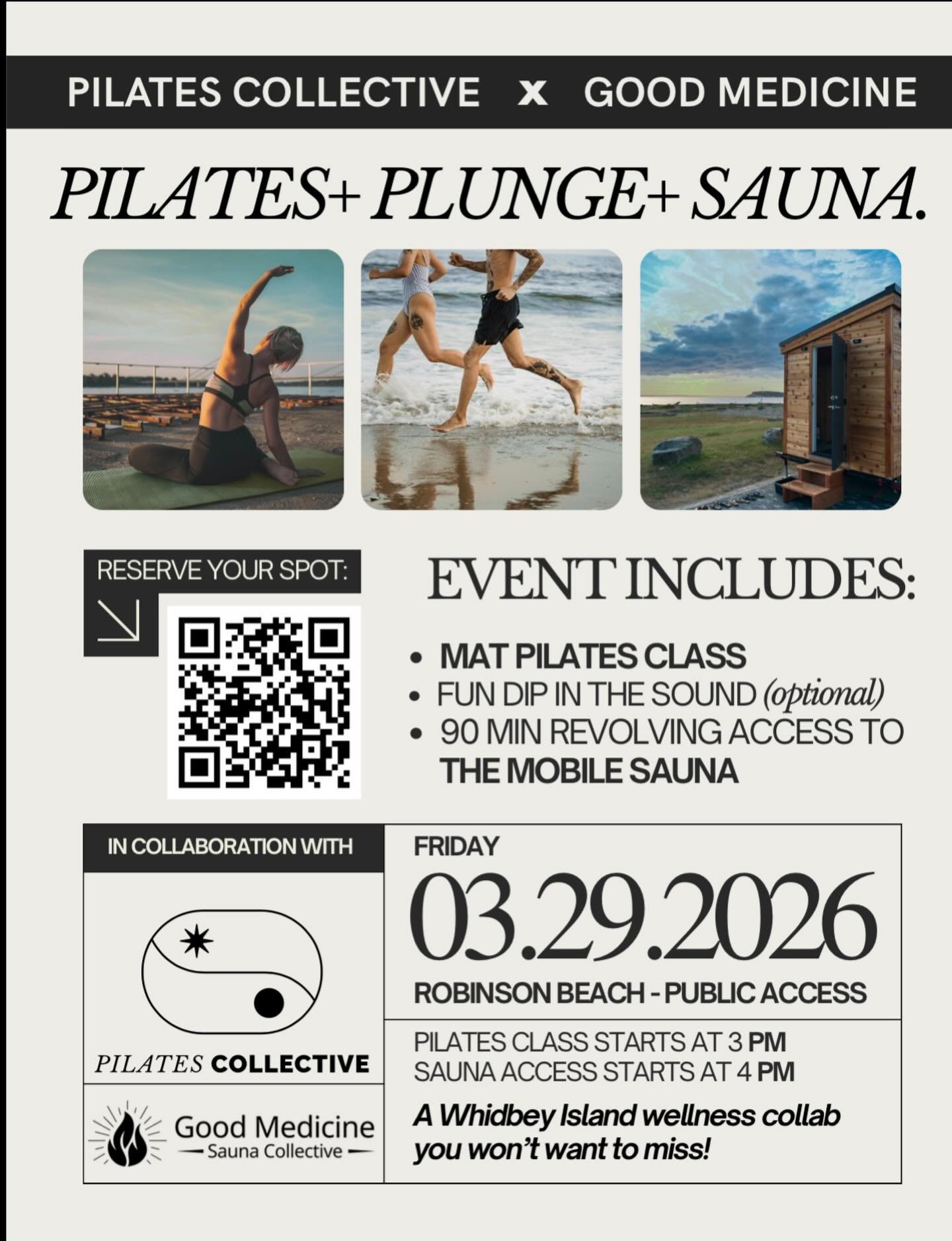 Pilates Collective x Good Medicine [Pilates + Plunge + Sauna] Sunday March, 29th 3:00 PM
Get ready to sweat, stretch, and plunge with Pilates Collective &amp; Good Medicine Sauna Collective in a Whidbey Island wellness collaboration you won&rsquo;t w