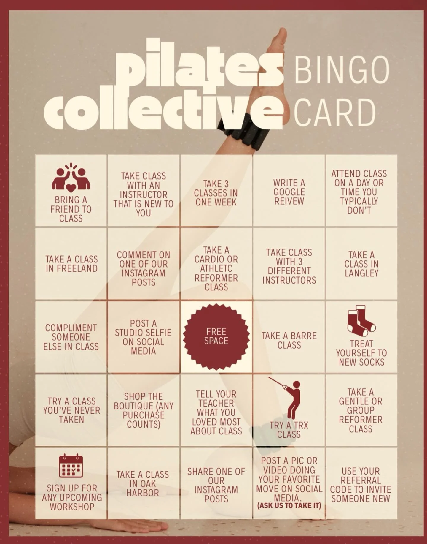 Pilates Bingo is BACK this April&mdash;and it&rsquo;s time to have some fun! 🎉
Grab your card, complete challenges, and win BIG:
✨ $10 credit for every completed line
✨ Up to $120 for a full blackout
✨ PLUS&mdash;everyone who participates will be en