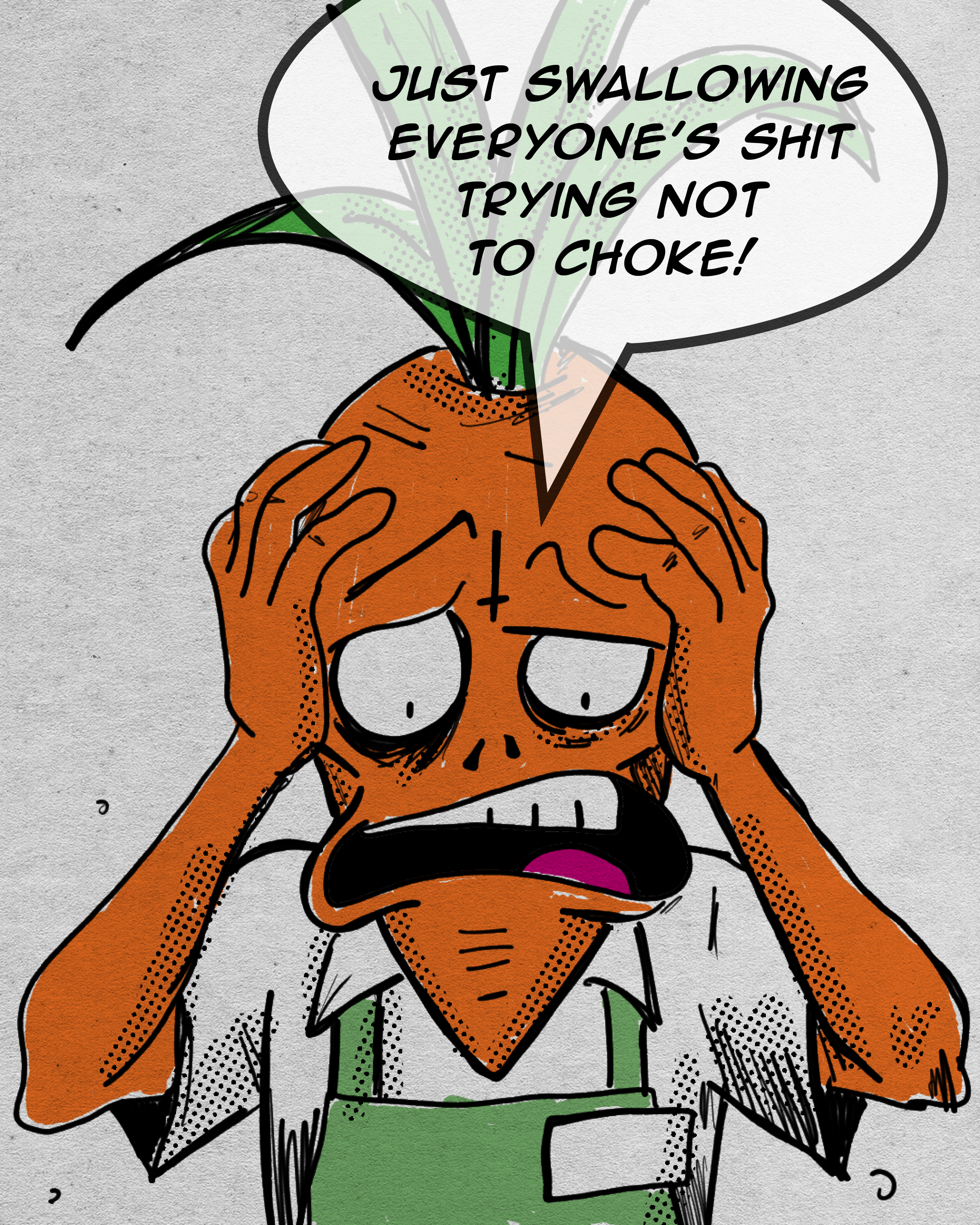 A cartoon illustration of a person with brown skin and black hair, wearing glasses, a green apron, and a gray and white jacket. The person is holding a phone and has a speech bubble that reads, "Just swallowing everyone's shit trying not to choke!"
