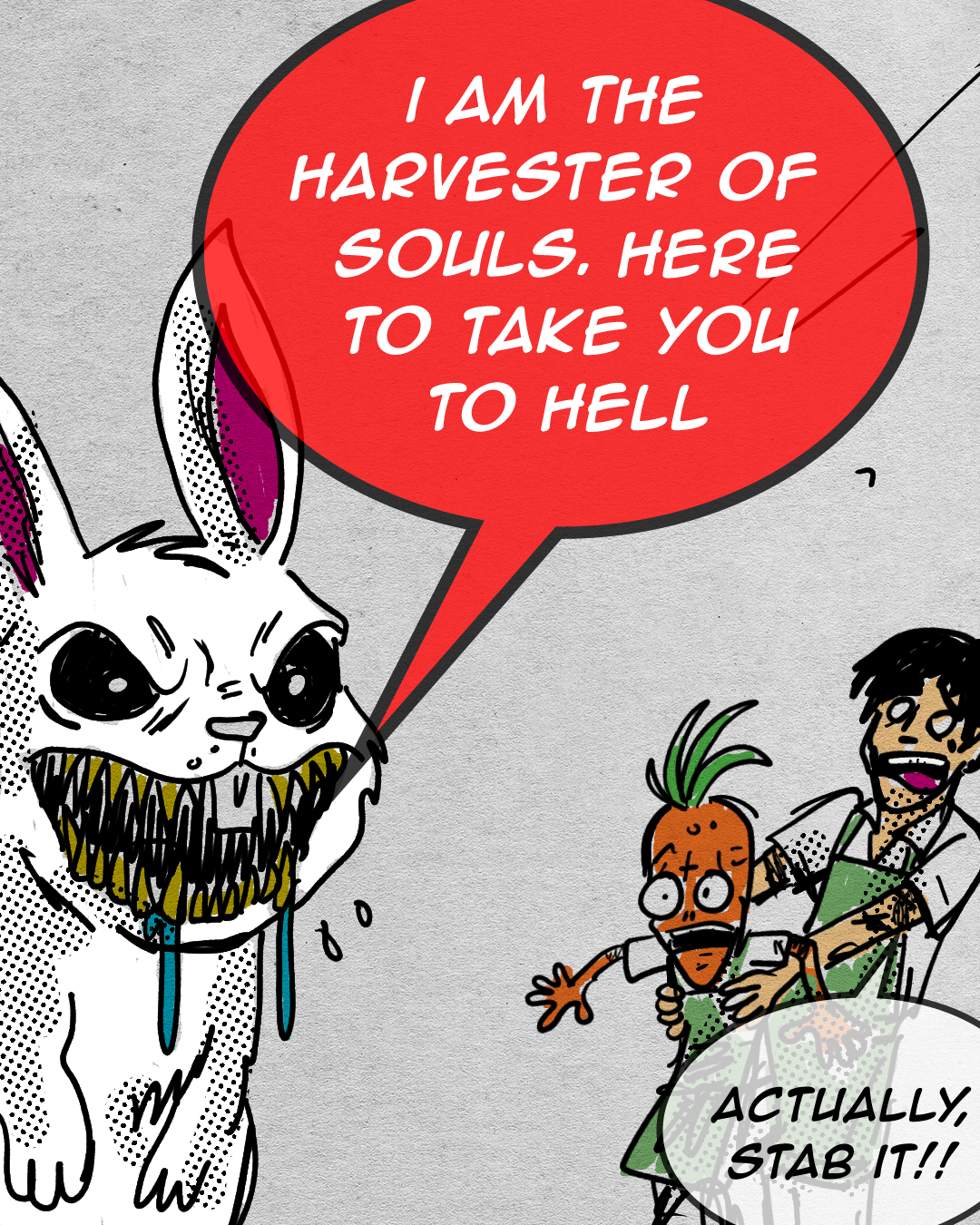 Comic-style illustration featuring a large, menacing, skeletal dog with black eyes and dripping drool, speaking a threatening phrase in a red speech bubble. Two surprised and frightened human characters are shown holding a bag with a carrot making a face. The scene has a humorous horror theme.